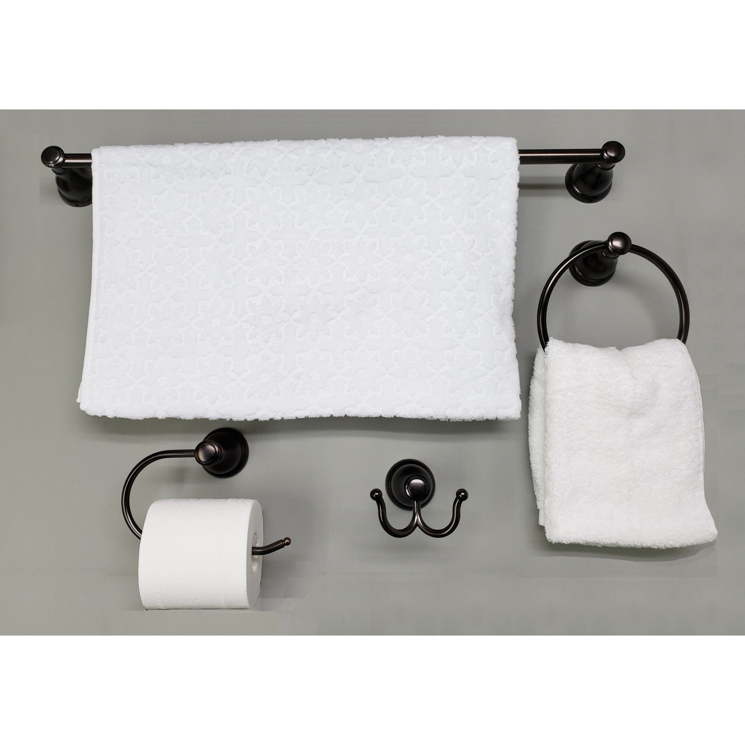 Set de accesorios de baño decorativos en bronce frotado con aceite de 4 piezas Castilla ARISTA - Incluye barra para toalla, porta papel higiénico, argolla para toalla y gancho para batas BA5903-4PC SET-ORB