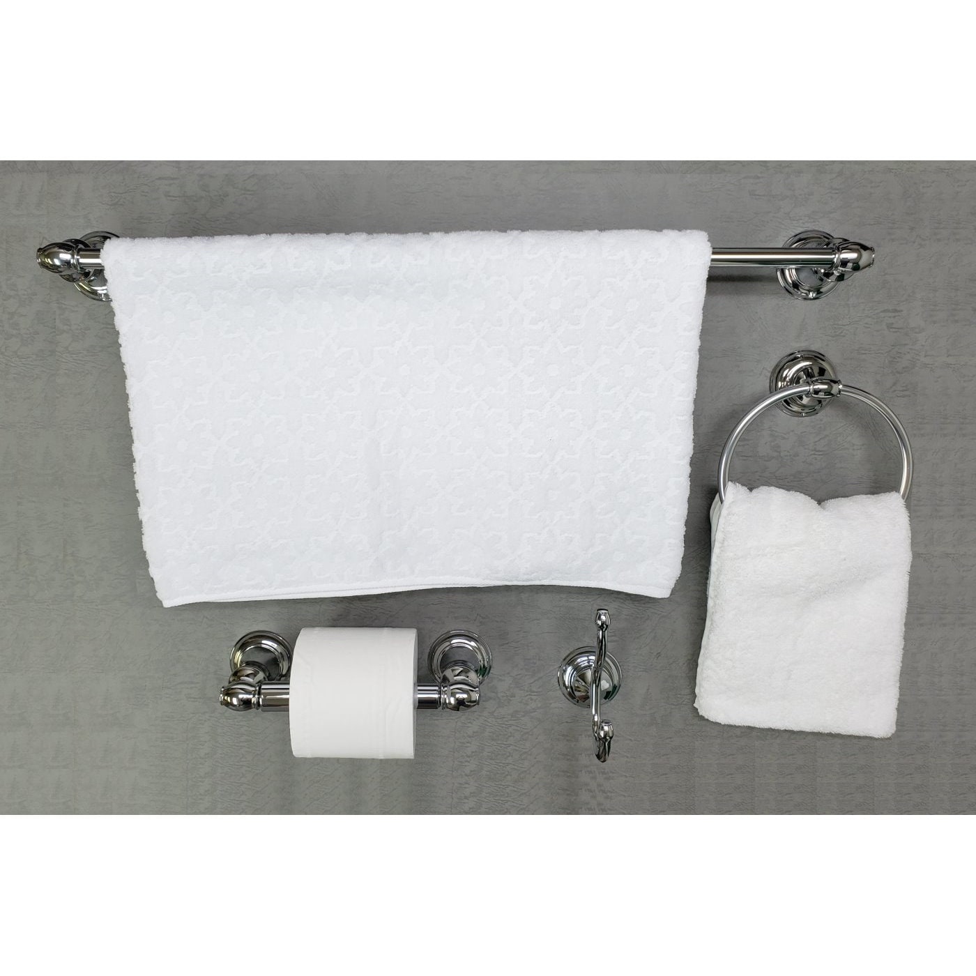 Juego de accesorios de baño cromados de la serie Highlander de 4 piezas ARISTA: Barra de toallas, porta papel higiénico, argolla para toallas y gancho para batas incluidos BA3501-4SET-CH