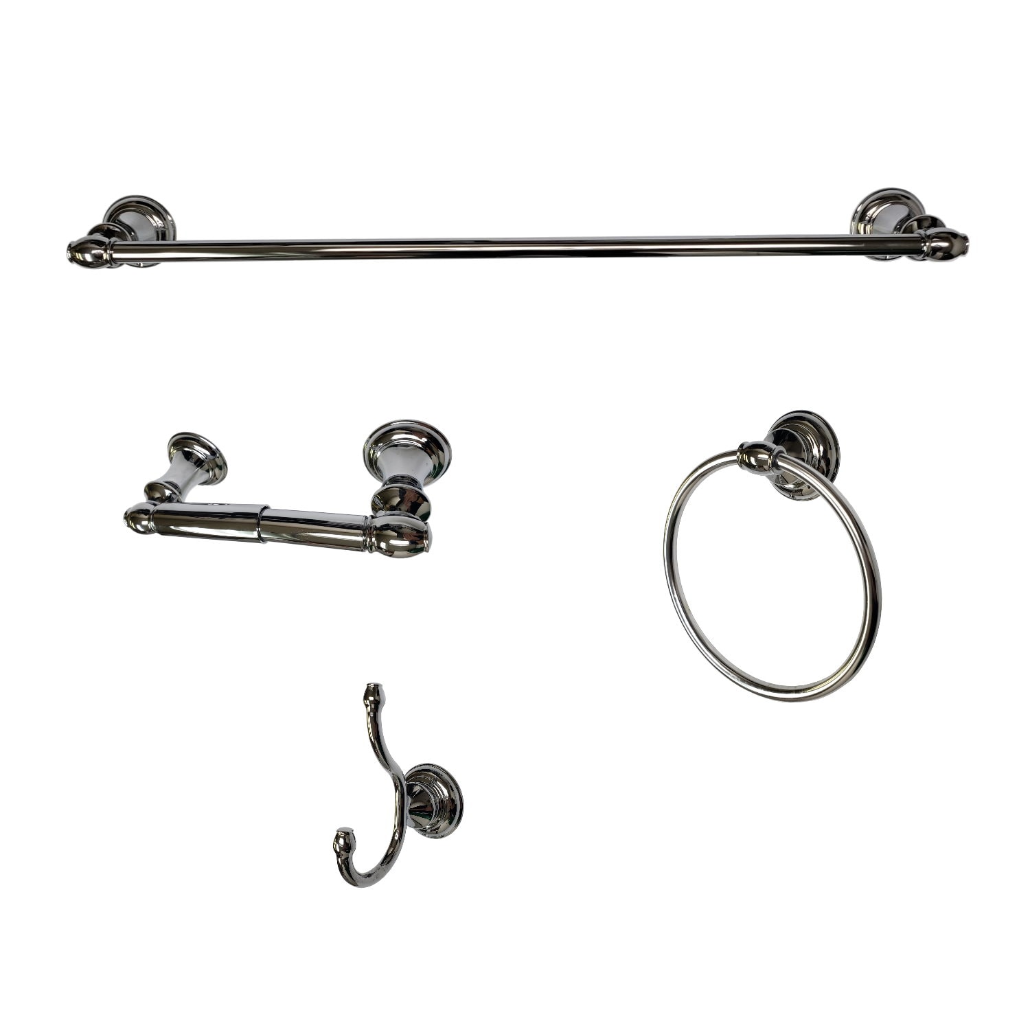 Juego de accesorios de baño cromados de la serie Highlander de 4 piezas ARISTA: Barra de toallas, porta papel higiénico, argolla para toallas y gancho para batas incluidos BA3501-4SET-CH