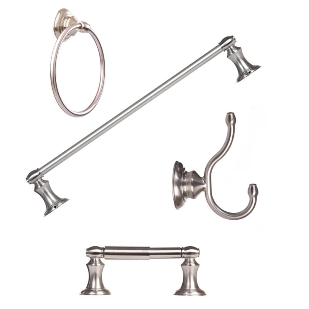 Juego de Hardware para Baño de la serie Highlander de 4 piezas en níquel cepillado - Barra de toalla, Porta papel higiénico, Argolla de toalla, Gancho para batas incluidos BA3502-4SET-BN