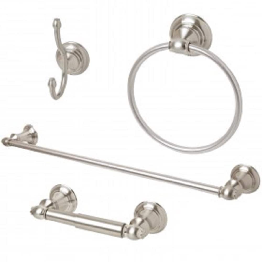 Juego de Hardware para Baño de la serie Highlander de 4 piezas en níquel cepillado - Barra de toalla, Porta papel higiénico, Argolla de toalla, Gancho para batas incluidos BA3502-4SET-BN