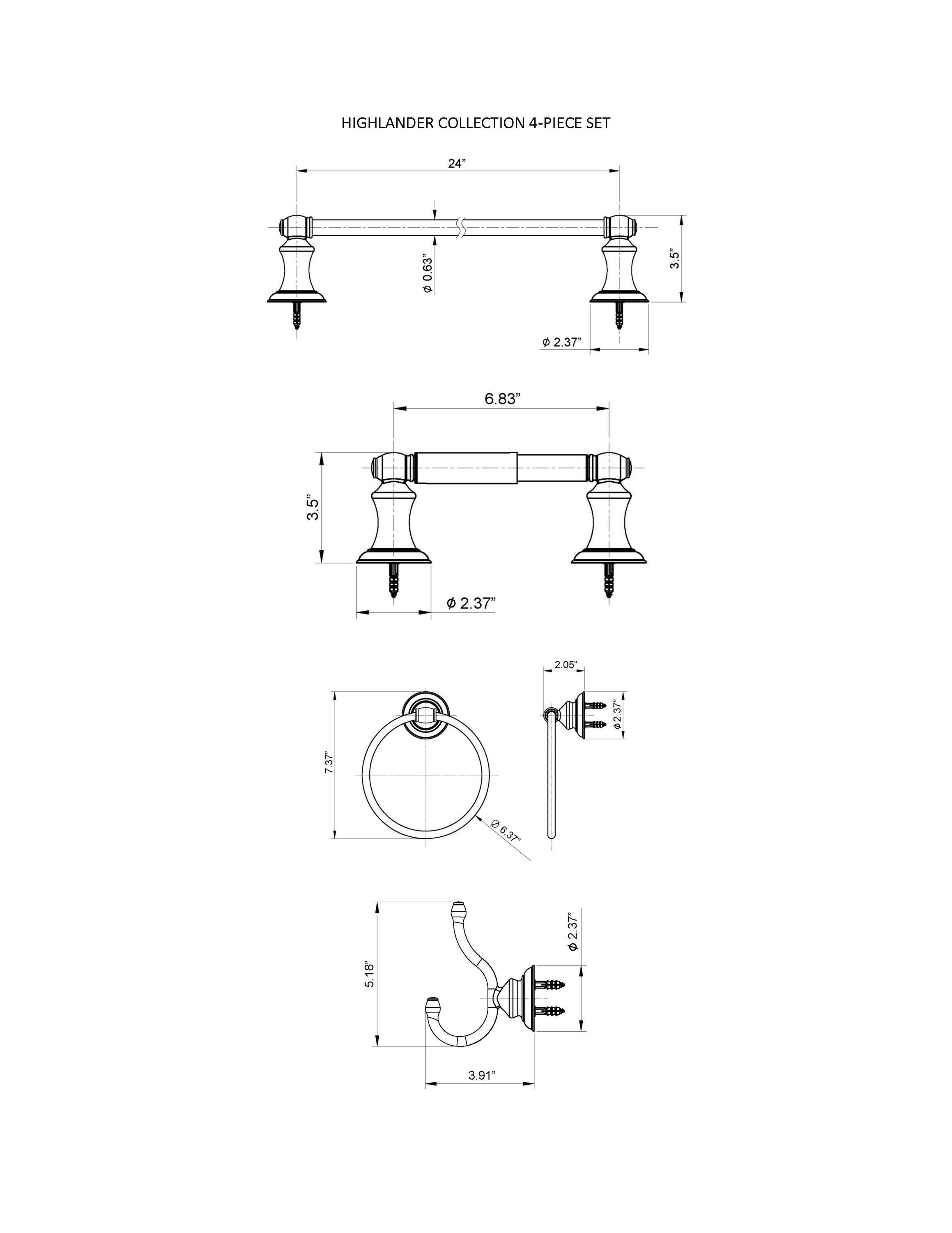 Juego de Hardware para Baño de la serie Highlander de 4 piezas en níquel cepillado - Barra de toalla, Porta papel higiénico, Argolla de toalla, Gancho para batas incluidos BA3502-4SET-BN
