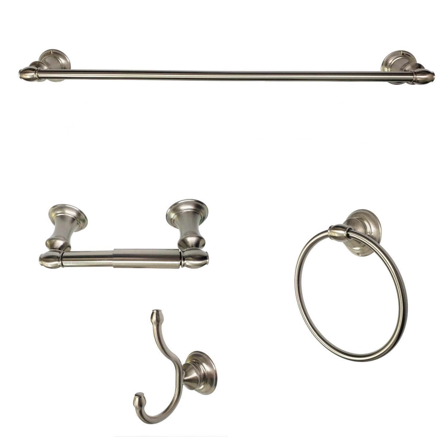 Juego de Hardware para Baño de la serie Highlander de 4 piezas en níquel cepillado - Barra de toalla, Porta papel higiénico, Argolla de toalla, Gancho para batas incluidos BA3502-4SET-BN