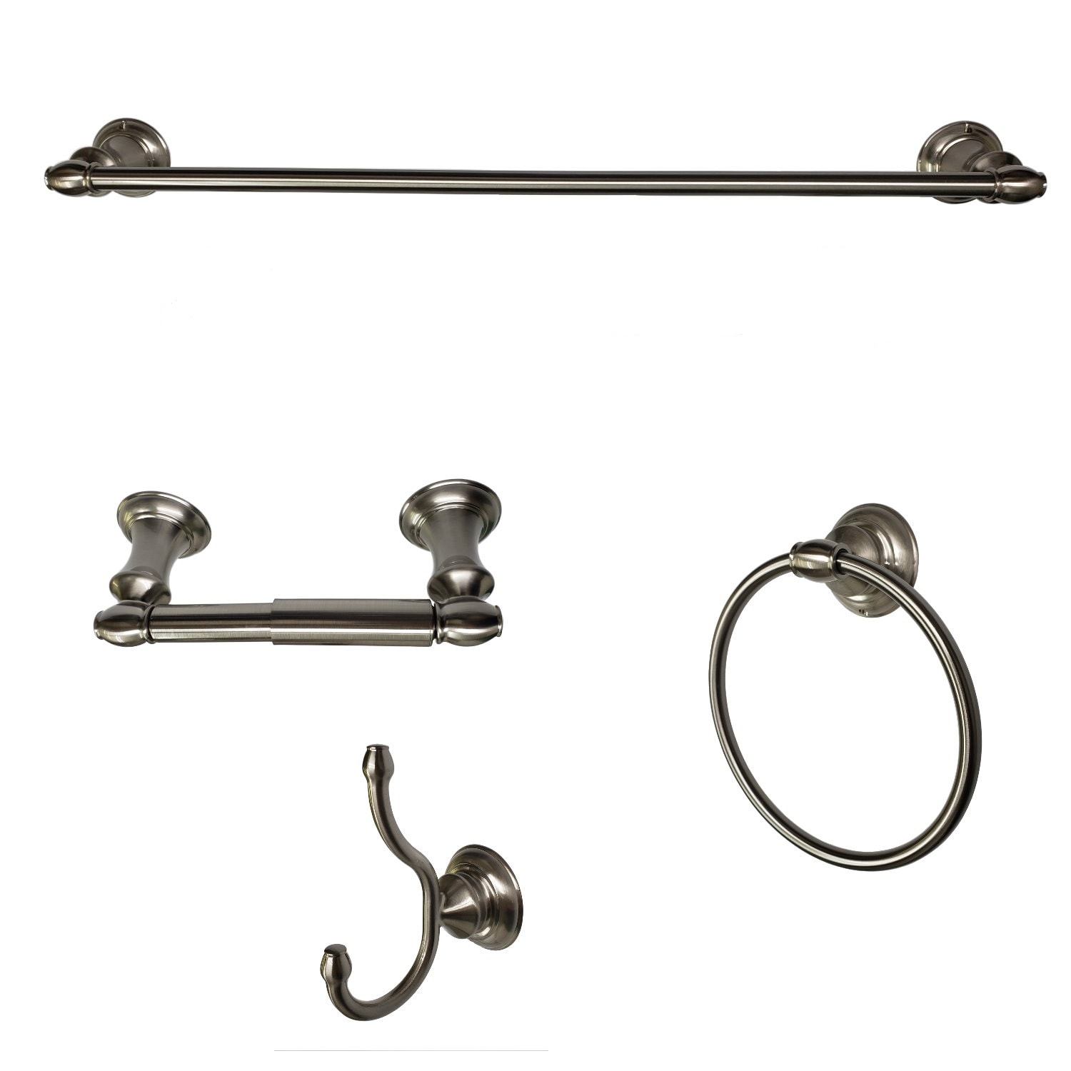 Juego de Hardware para Baño de la serie Highlander de 4 piezas en níquel cepillado - Barra de toalla, Porta papel higiénico, Argolla de toalla, Gancho para batas incluidos BA3502-4SET-BN