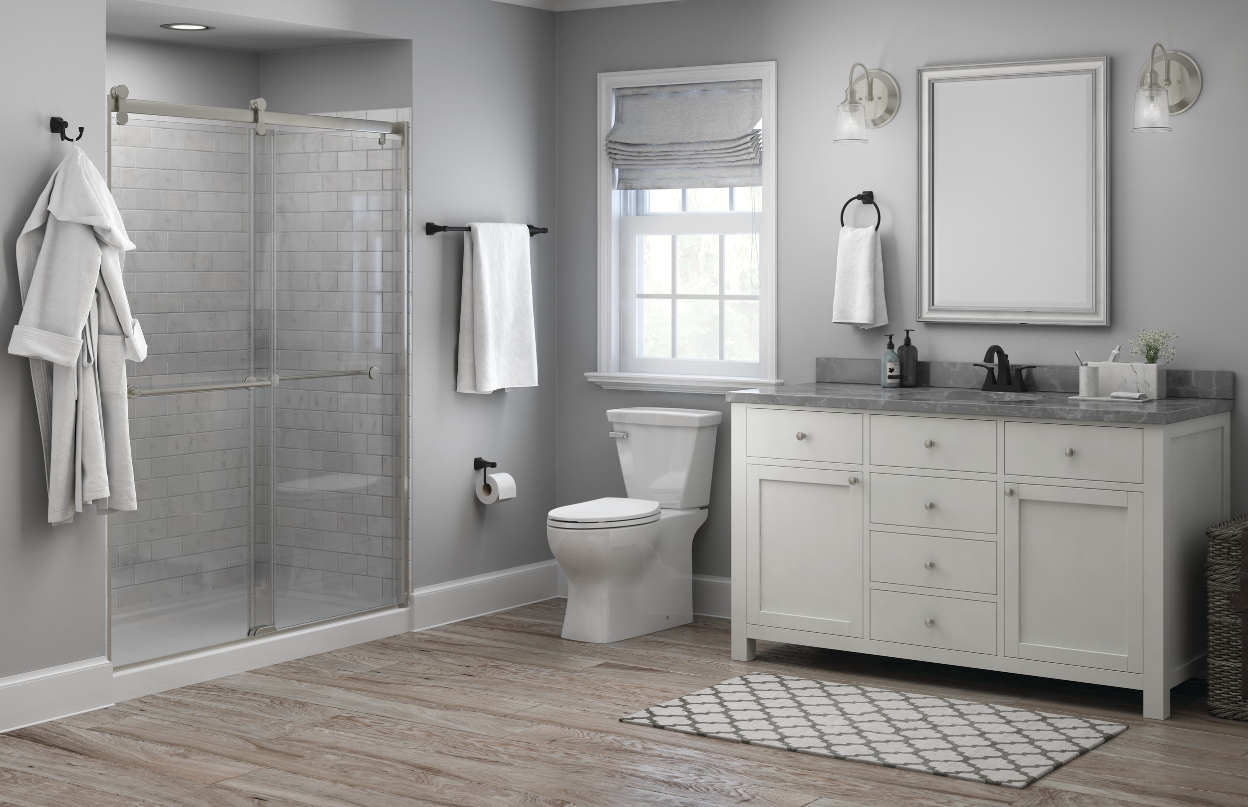 Juego de accesorios de baño decorativos en negro mate Delta Flynn de 3 piezas: Barra para toallas, Portarrollos de papel higiénico, Anillo para toallas incluidos FLY63-MB