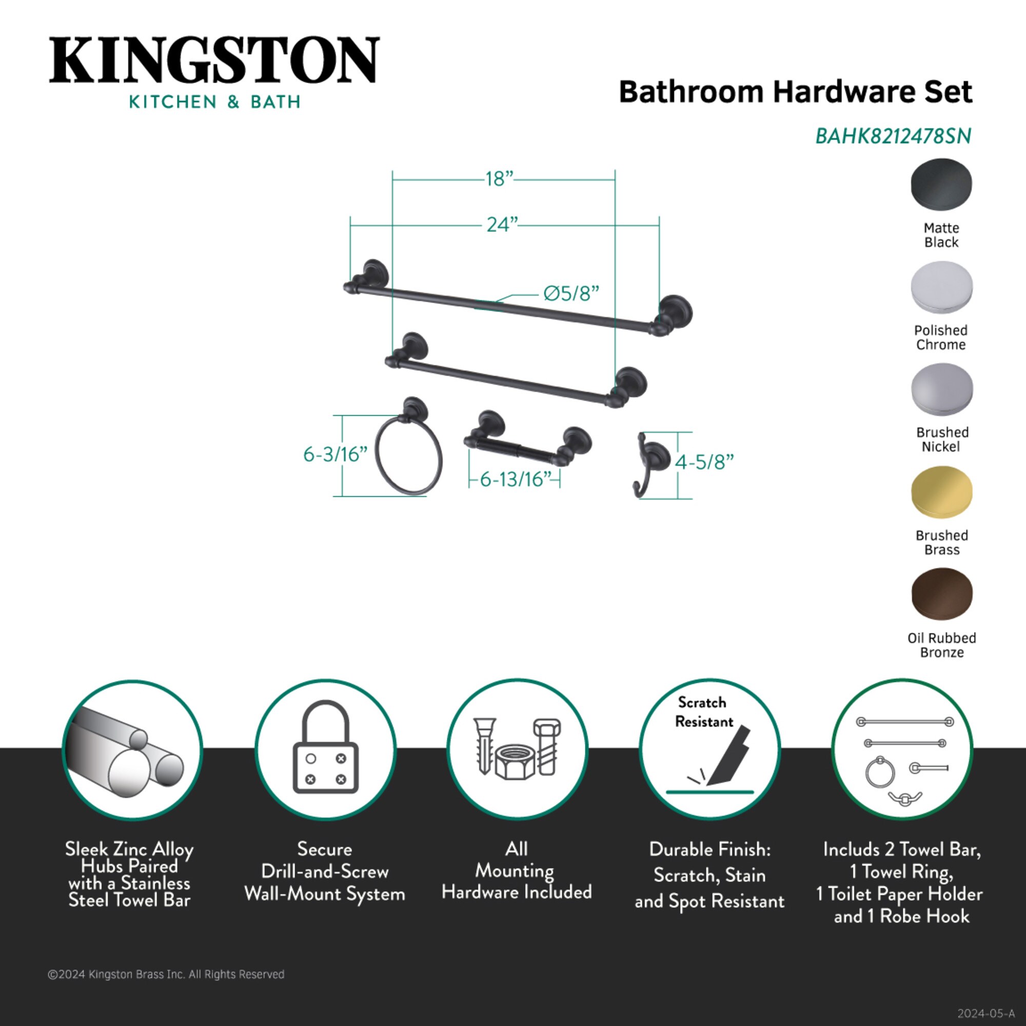 Juego de Accesorios de Baño Decorativos en Níquel Cepillado Kingston Brass de 5 piezas - Barra de Toallas, Portarrollos, Argolla de Toalla, Gancho de Bata incluidos WLBAHK8212478SN