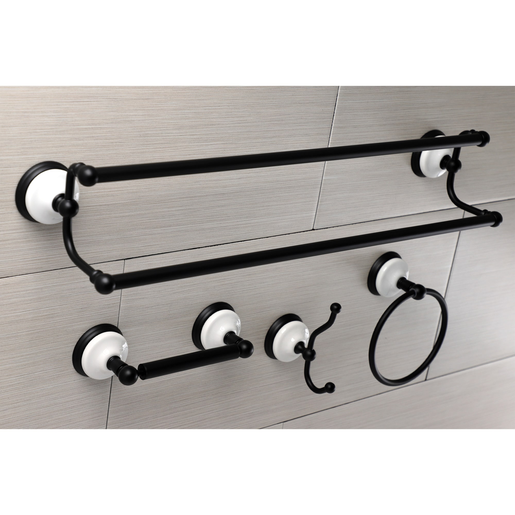 Juego de Accesorios Decorativos para Baño en Negro Mate victoriano de 4 Piezas Kingston Brass - Barra de Toallas, Portarrollos, Anillo de Toalla, Gancho para Bata incluido WLBAK1113478MB