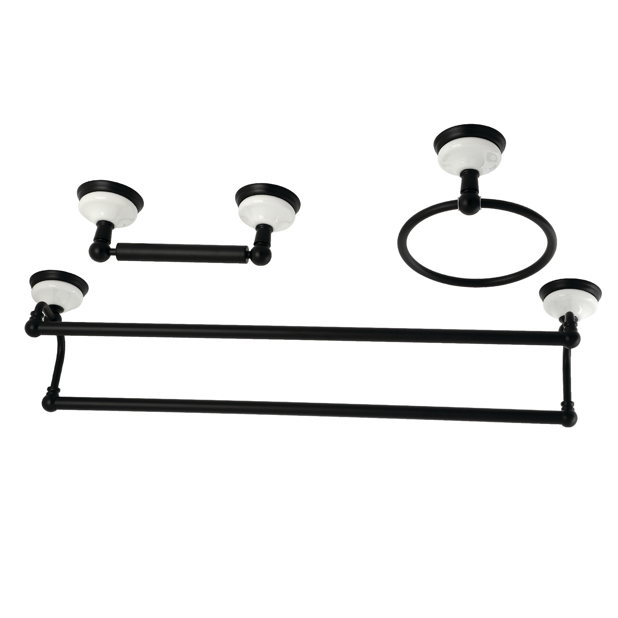 Juego de accesorios de baño decorativos en negro mate de estilo victoriano de 3 piezas de Kingston Brass: Barra de toallas, porta papel higiénico y anillo para toallas incluidos.