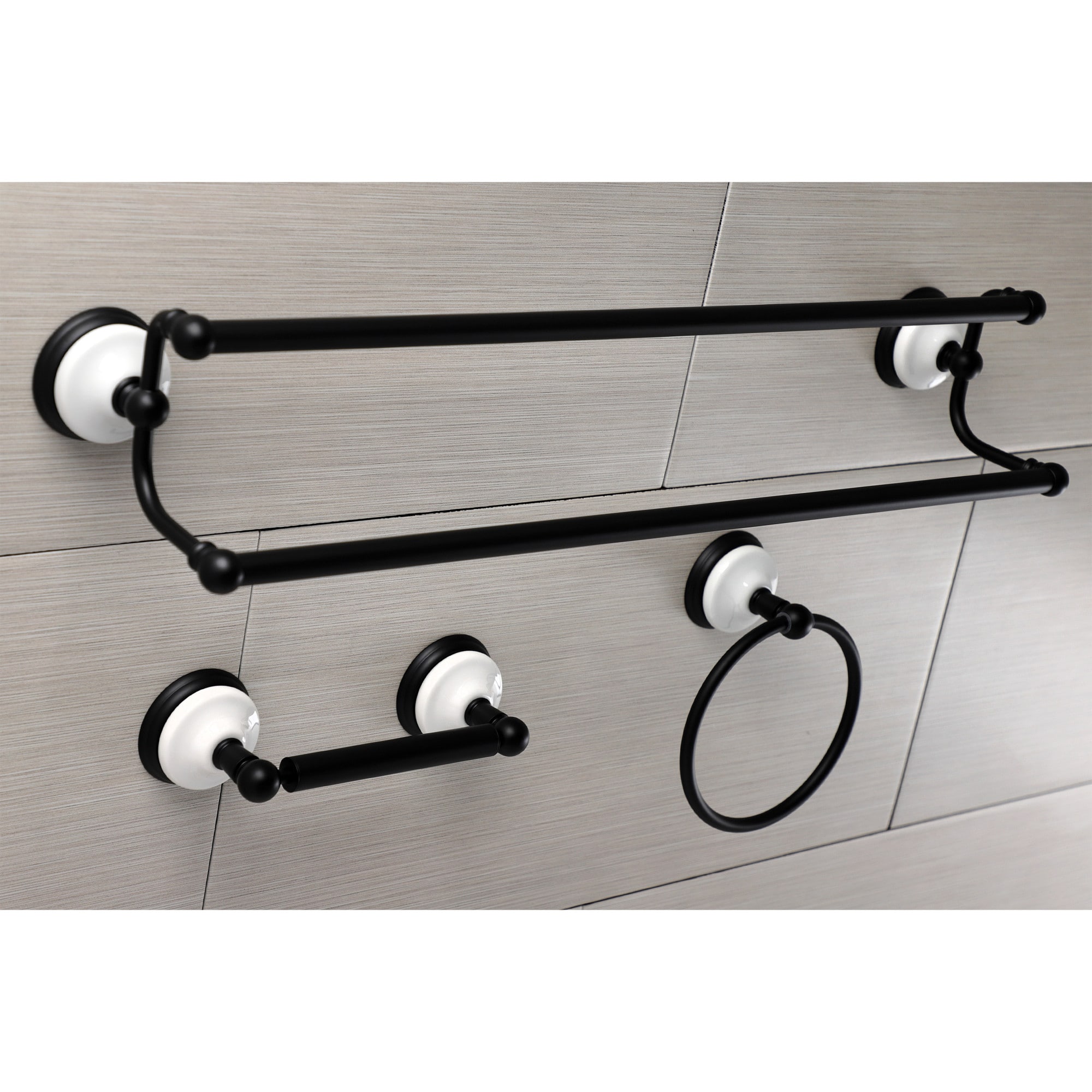 Juego de accesorios de baño decorativos en negro mate de estilo victoriano de 3 piezas de Kingston Brass: Barra de toallas, porta papel higiénico y anillo para toallas incluidos.