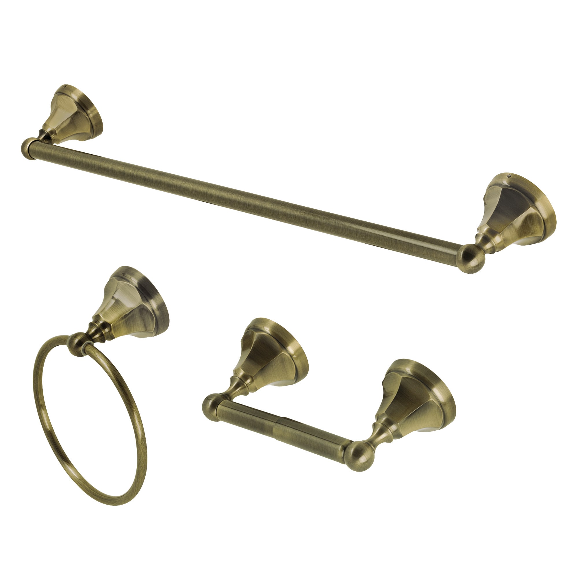 Juego de accesorios de baño decorativos en latón antiguo de 3 piezas Kingston Brass Metropolitan: Barra para toallas, porta papel higiénico y argolla para toallas. Incluido.