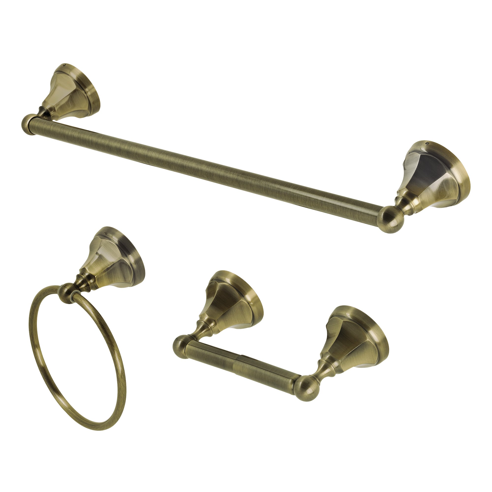 Juego de accesorios decorativos para baño en latón antiguo de 3 piezas estilo Metropolitano de Kingston Brass: Barra de toallas, Portarrollos y Argolla para toallas. Incluye WLBAK4181248AB.