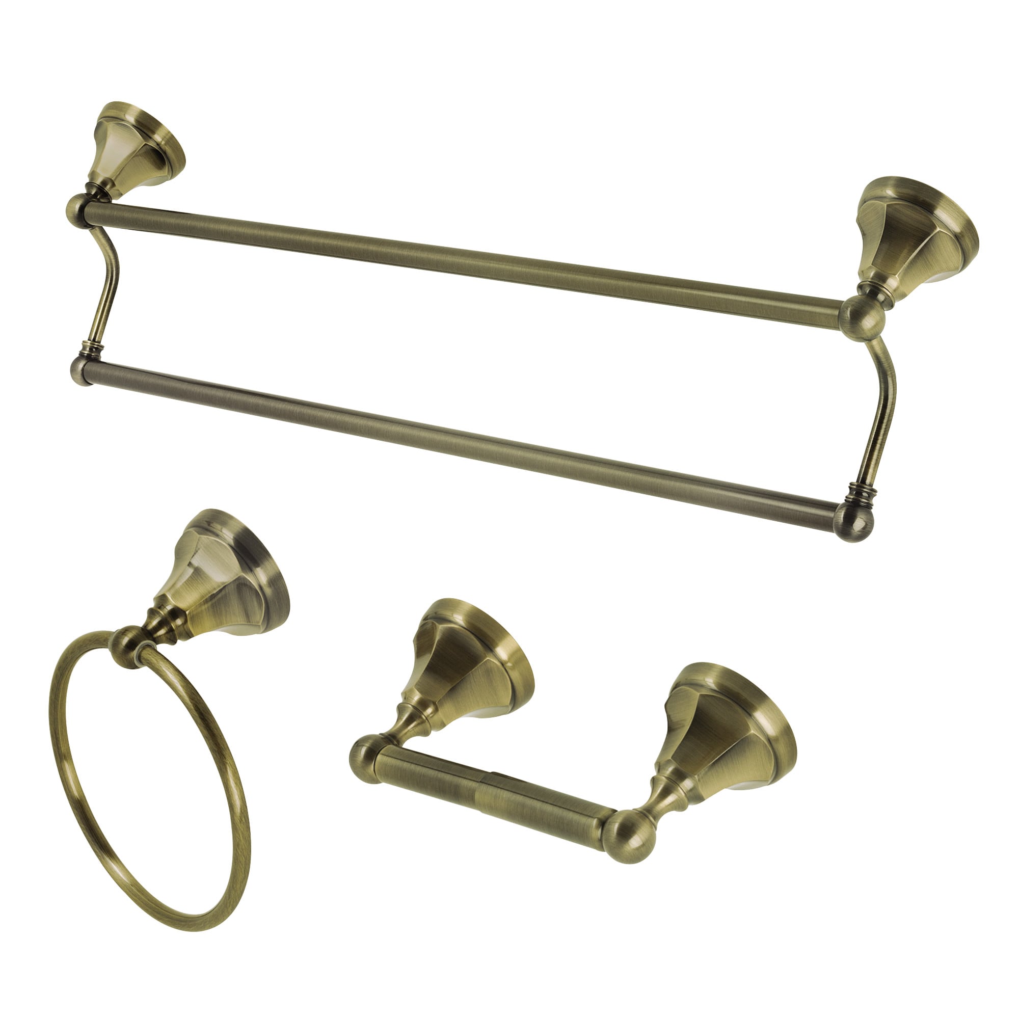 Juego de accesorios decorativos para baño en latón antiguo de 3 piezas Kingston Brass Metropolitan - Barra de toalla, porta papel higiénico, y anillo para toalla, incluidos.
