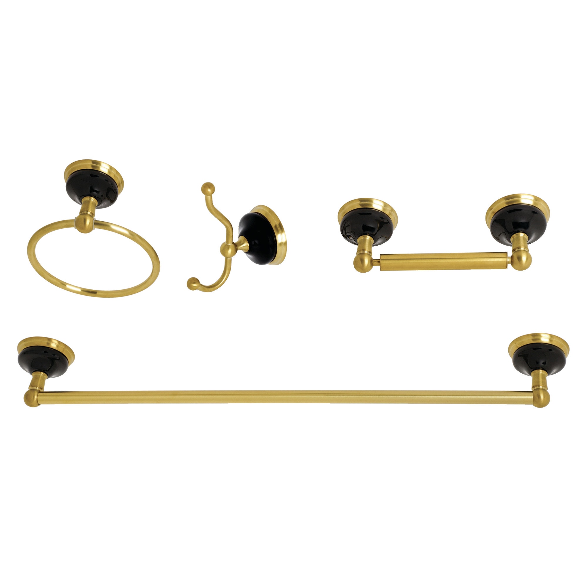 Juego de accesorios decorativos para baño en latón cepillado Water Onyx de 4 piezas de Kingston Brass - Incluye barra de toallas, porta papel higiénico, argolla de toalla y gancho para batas.