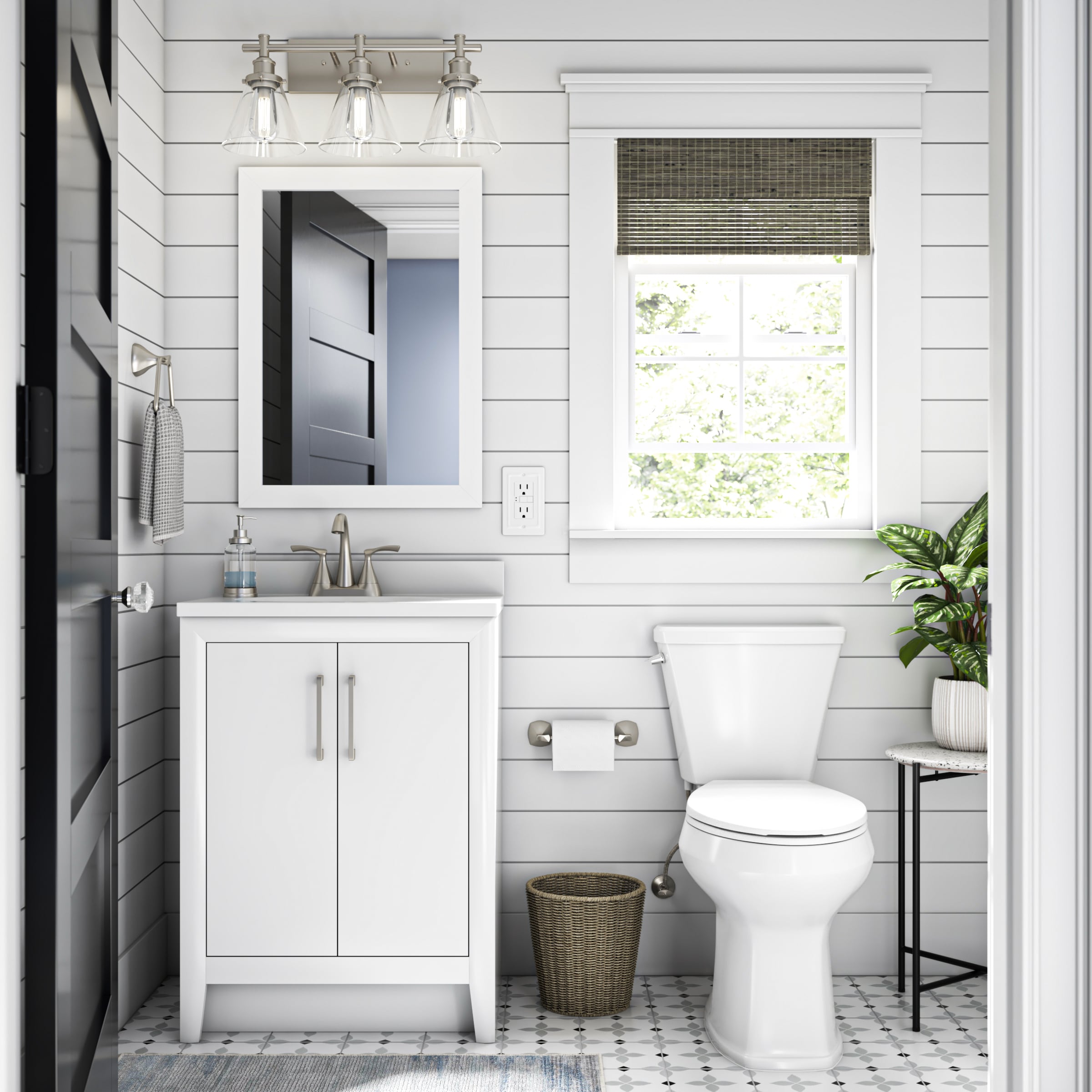 Juego de accesorios decorativos para baño en níquel cepillado Sandover Delta de 3 piezas con protección contra manchas: barra de toalla, porta papel higiénico y argolla para toallas incluidos SAN63-BN.