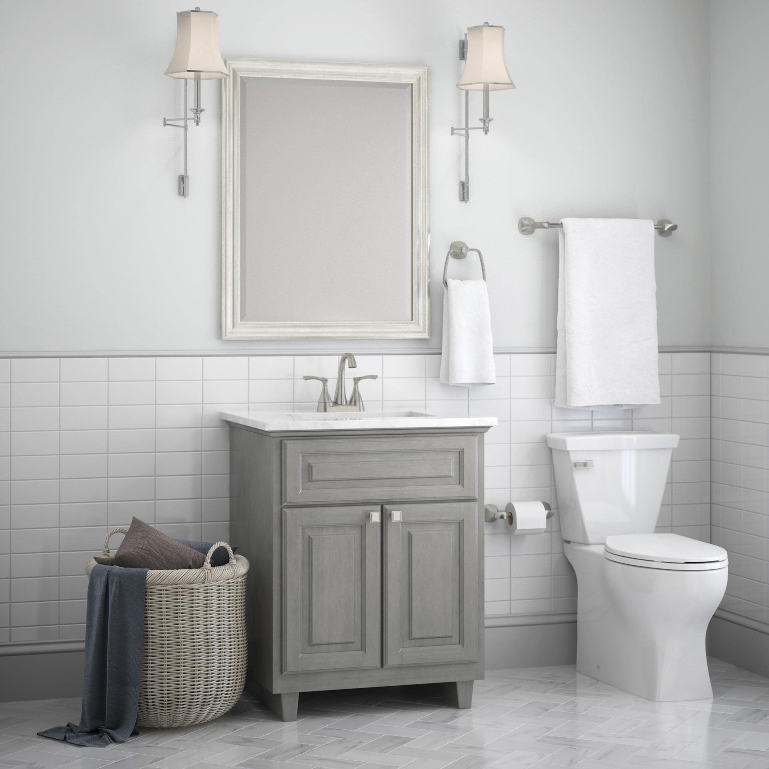 Juego de accesorios decorativos para baño en níquel cepillado Sandover Delta de 3 piezas con protección contra manchas: barra de toalla, porta papel higiénico y argolla para toallas incluidos SAN63-BN.