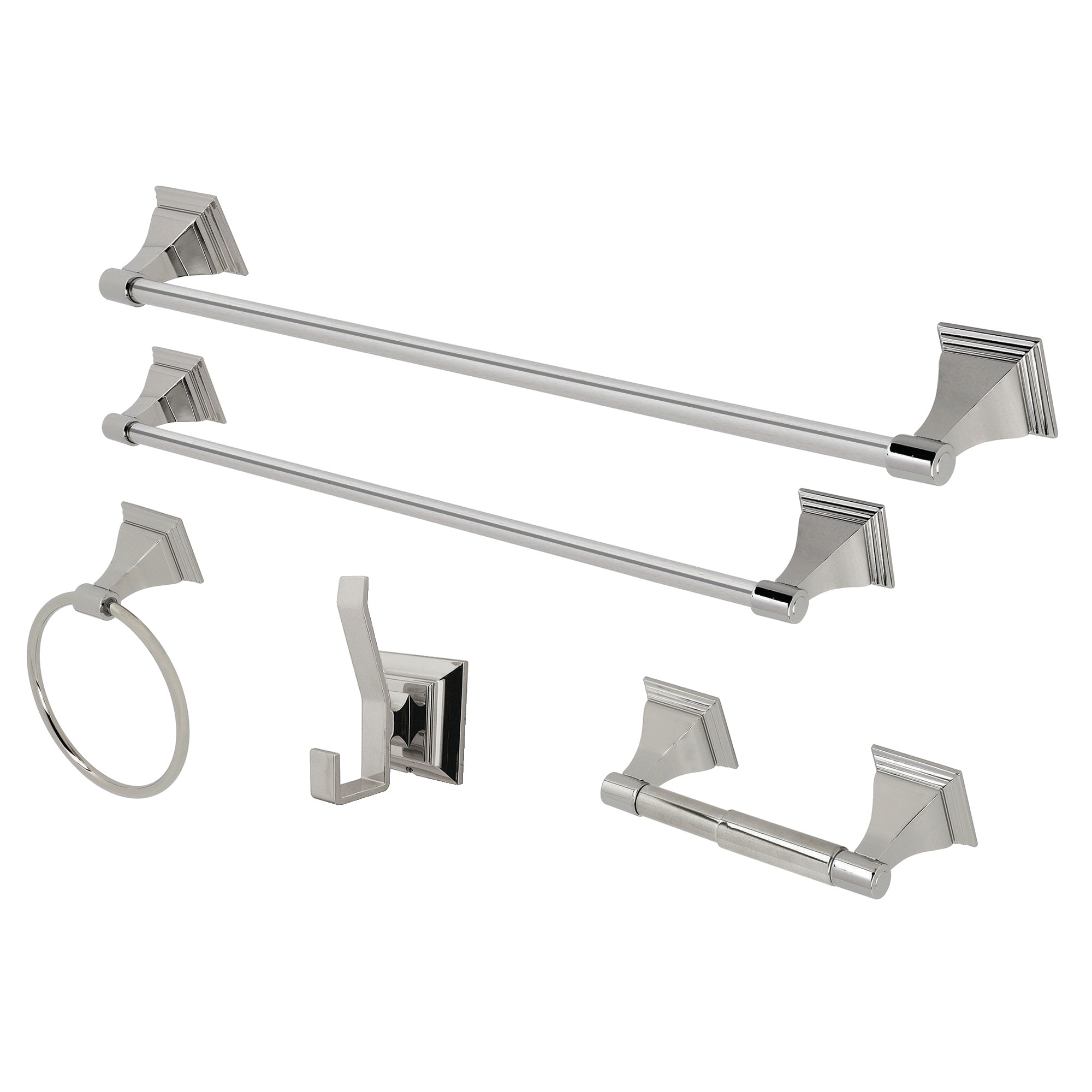 Juego de accesorios decorativos para baño con acabado en níquel pulido de 5 piezas Kingston Brass Monarch incluye barra, portarrollos, argolla para toallas y gancho para batas UBAHK61212478PN
