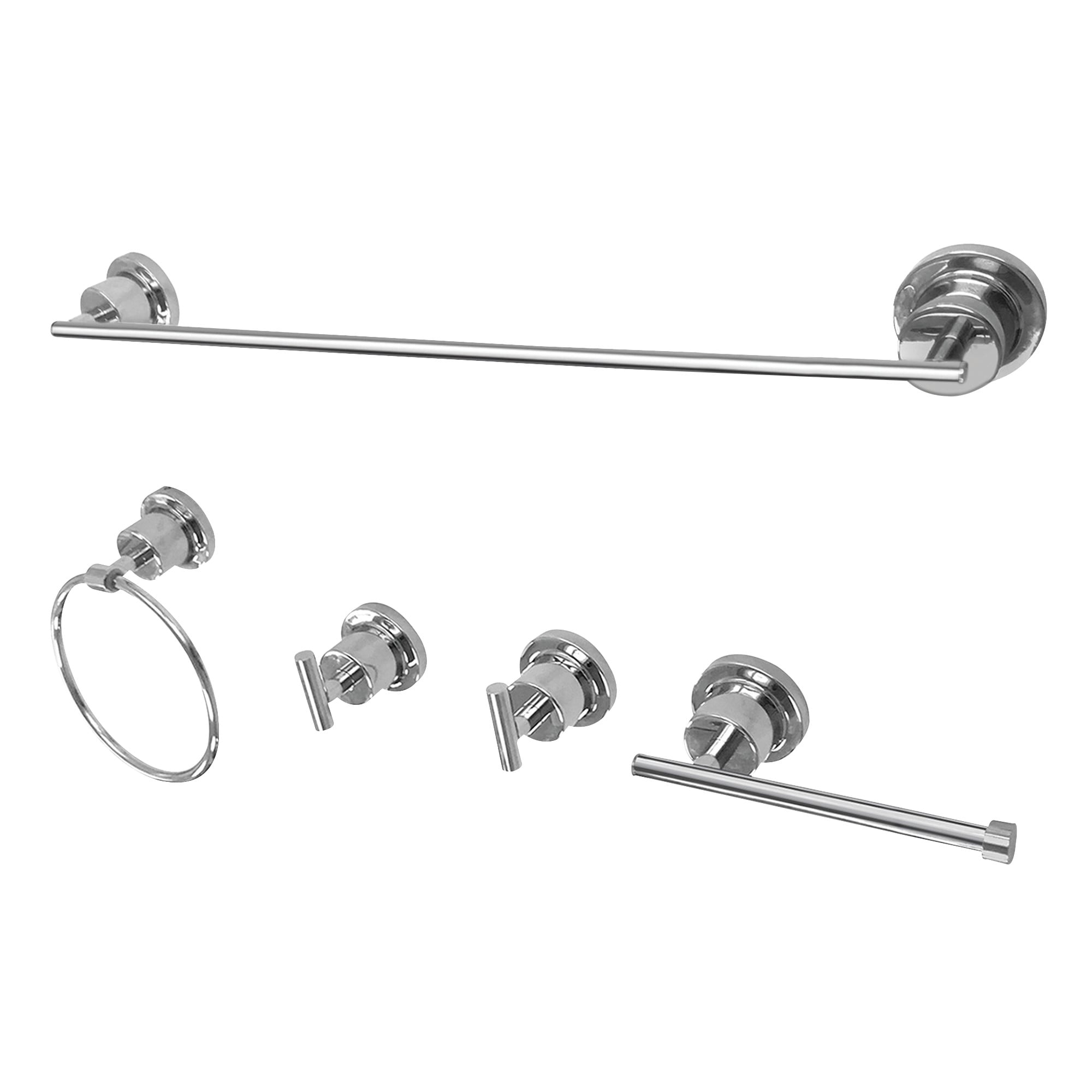 Juego de accesorios de baño decorativos de 5 piezas en cromo pulido Concord de Kingston Brass: Incluye barra de toallas, porta papel higiénico, argolla para toallas y gancho para batas.