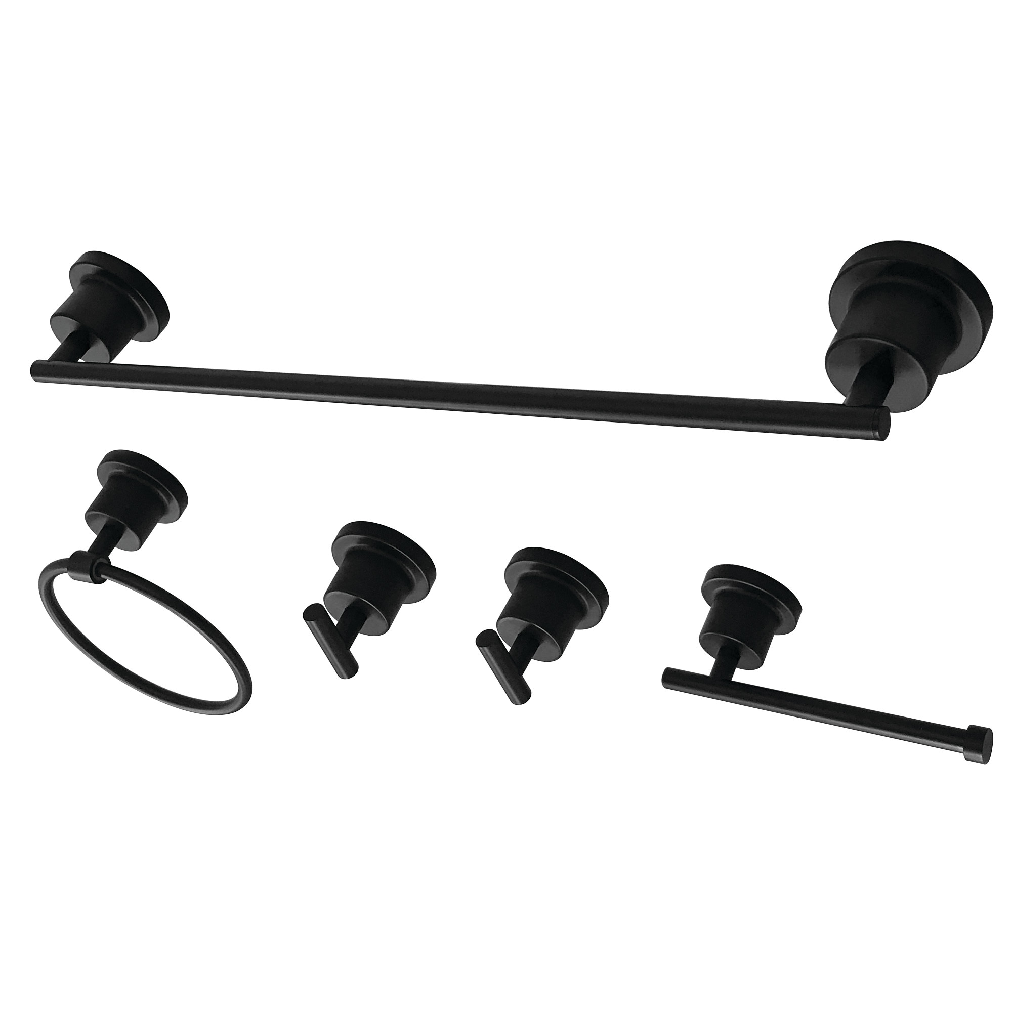 Juego de Accesorios de Baño Decorativos Color Negro Mate Kingston Brass Concord de 5 Piezas incluye Barra de Toalla, Porta Papel Higiénico, Argolla de Toalla y Gancho para Bata.