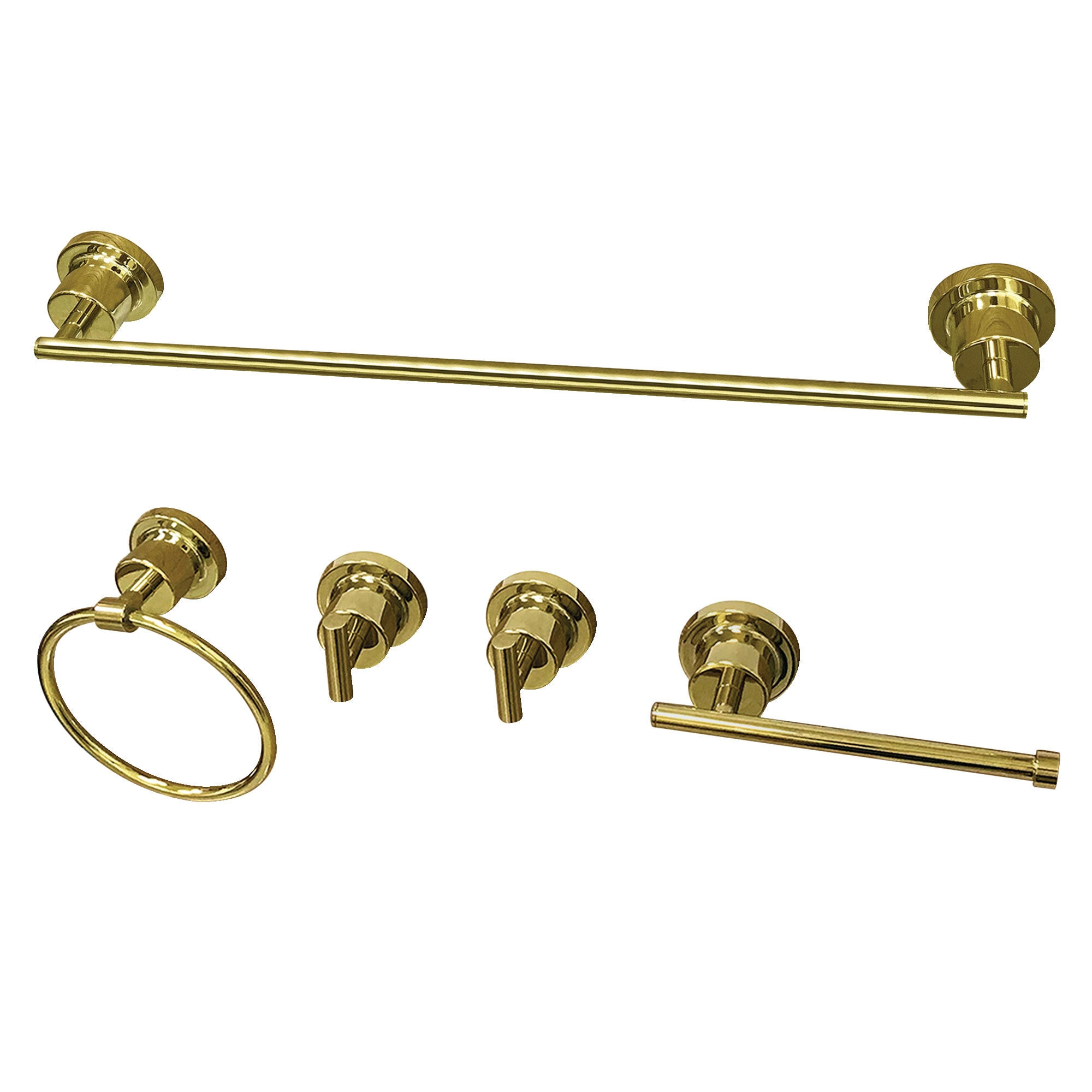 Juego de accesorios de baño decorativos de latón pulido 5 piezas Kingston Brass Concord: Barra de toalla, sostenedor de papel higiénico, anillo de toalla y gancho para batas incluidos.