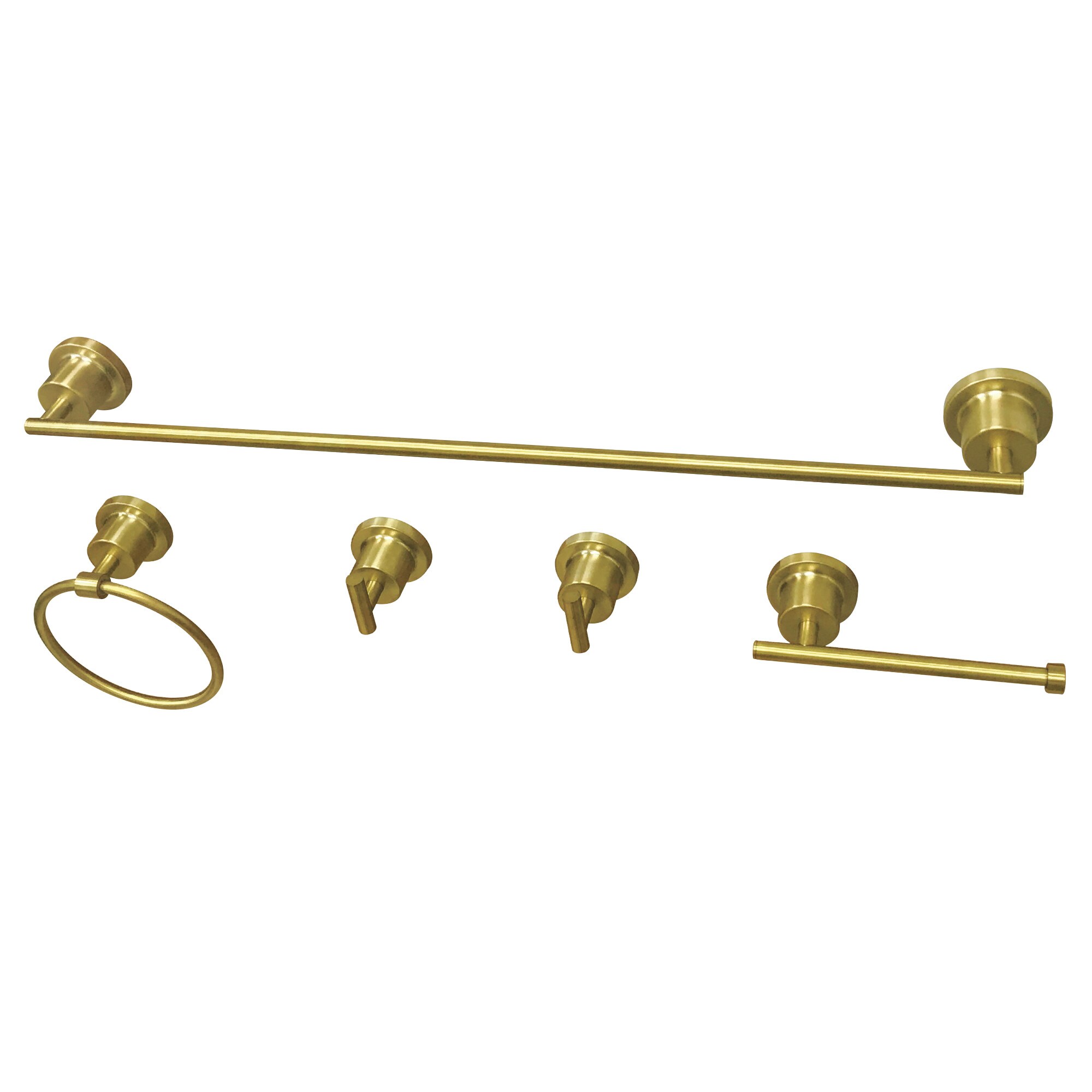 Set de accesorios decorativos para baño en latón cepillado Kingston Brass de 5 piezas: Barra para toallas, porta papel higiénico, argolla para toallas y gancho para batas incluidos.