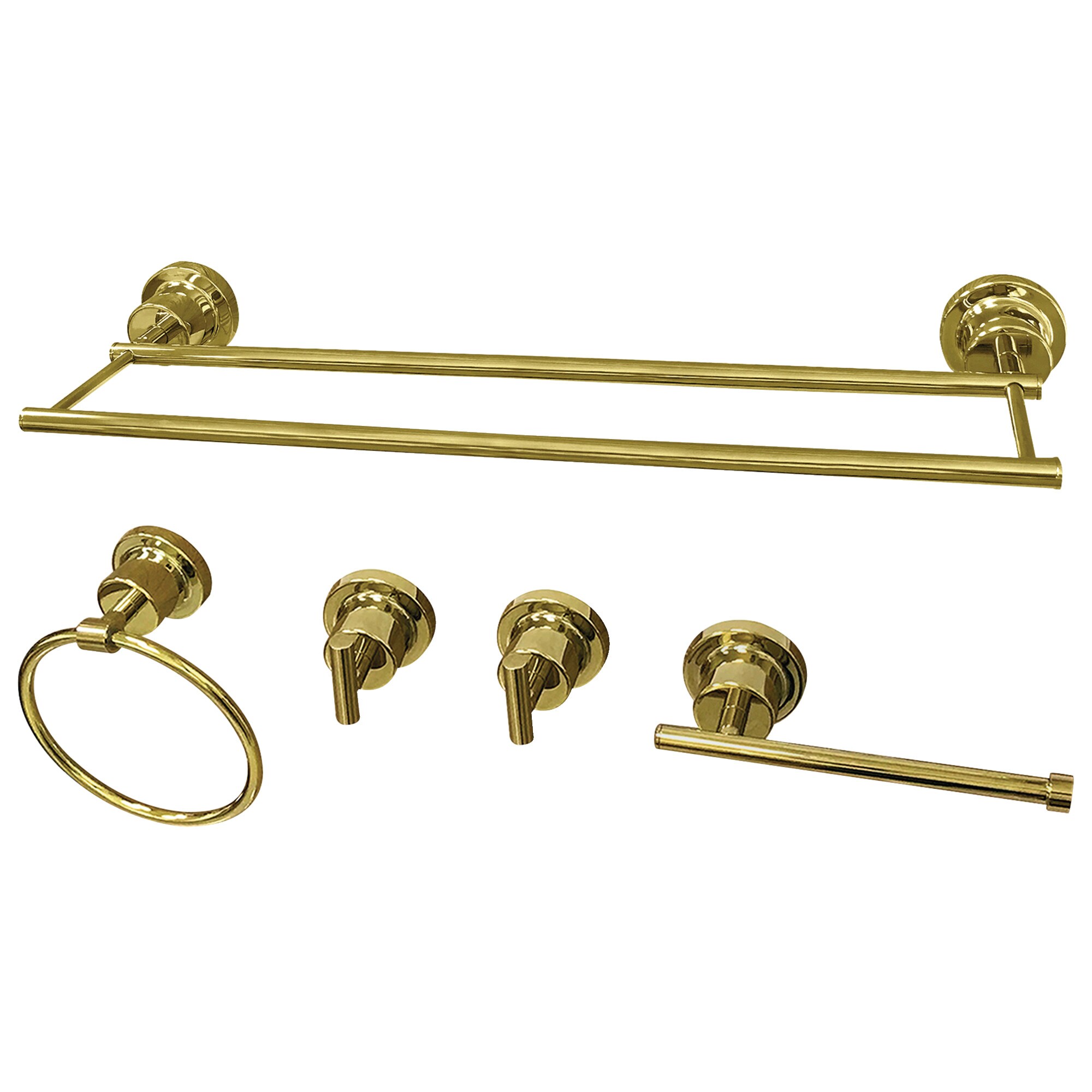 Juego de Accesorios para Baño de Latón Pulido, 5 Piezas, Estilo Concord - Incluye Barra de Toallas, Portarrollos, Anillo para Toallas y Gancho para Batas