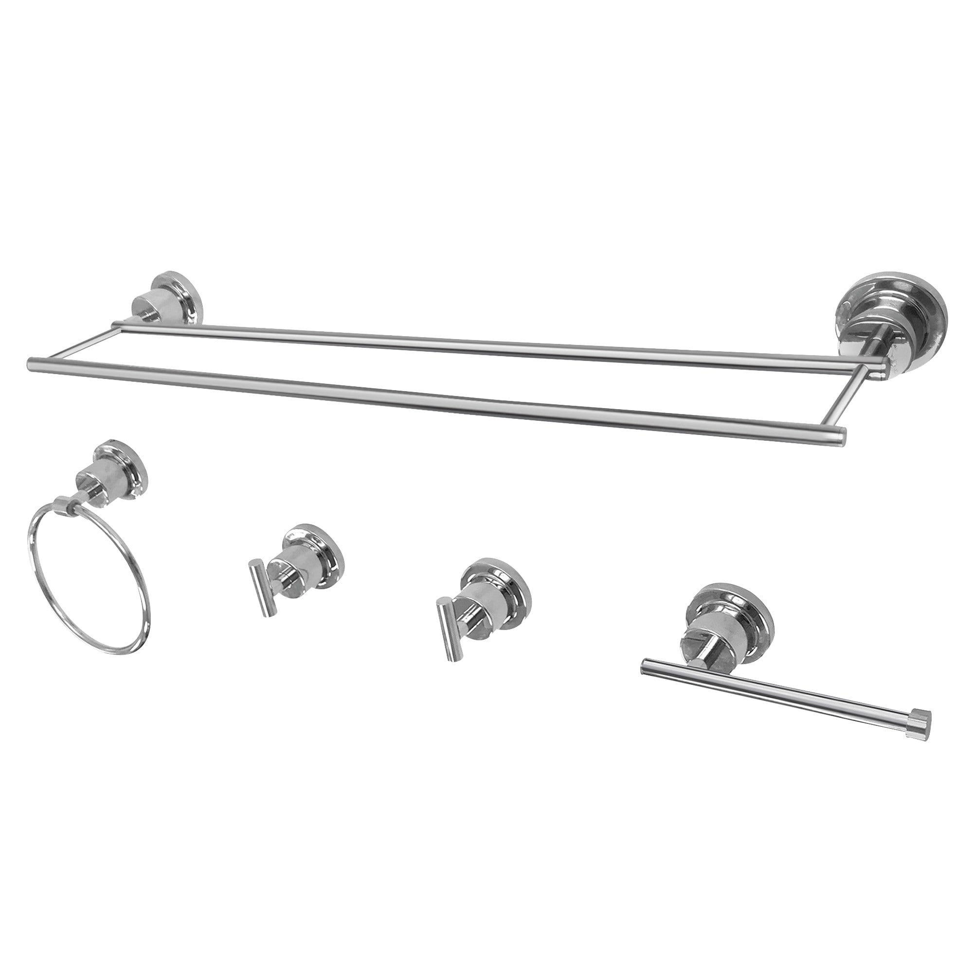 Juego de accesorios de baño decorativos de cromo pulido de 5 piezas "Concord" de Kingston Brass - Incluye barra de toalla, porta papel higiénico, anillo de toalla y gancho para batas