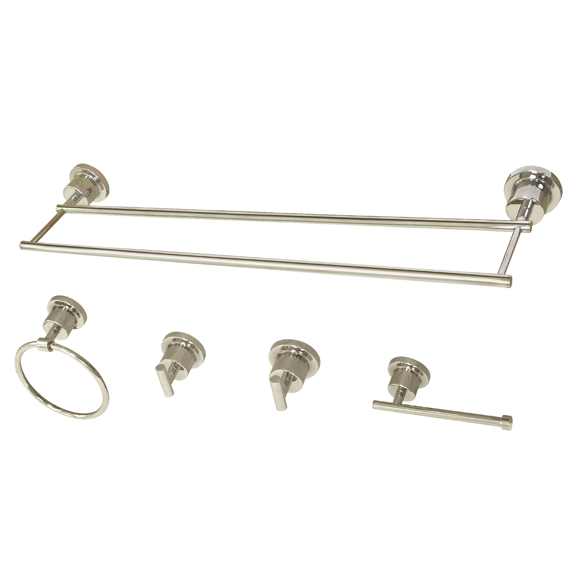 Juego de Accesorios de Baño Decorativos de Níquel Pulido Kingston Brass Concord de 5 piezas: Barra de Toallas, Porta Papel, Anillo para Toallas y Gancho para Batas incluidos 