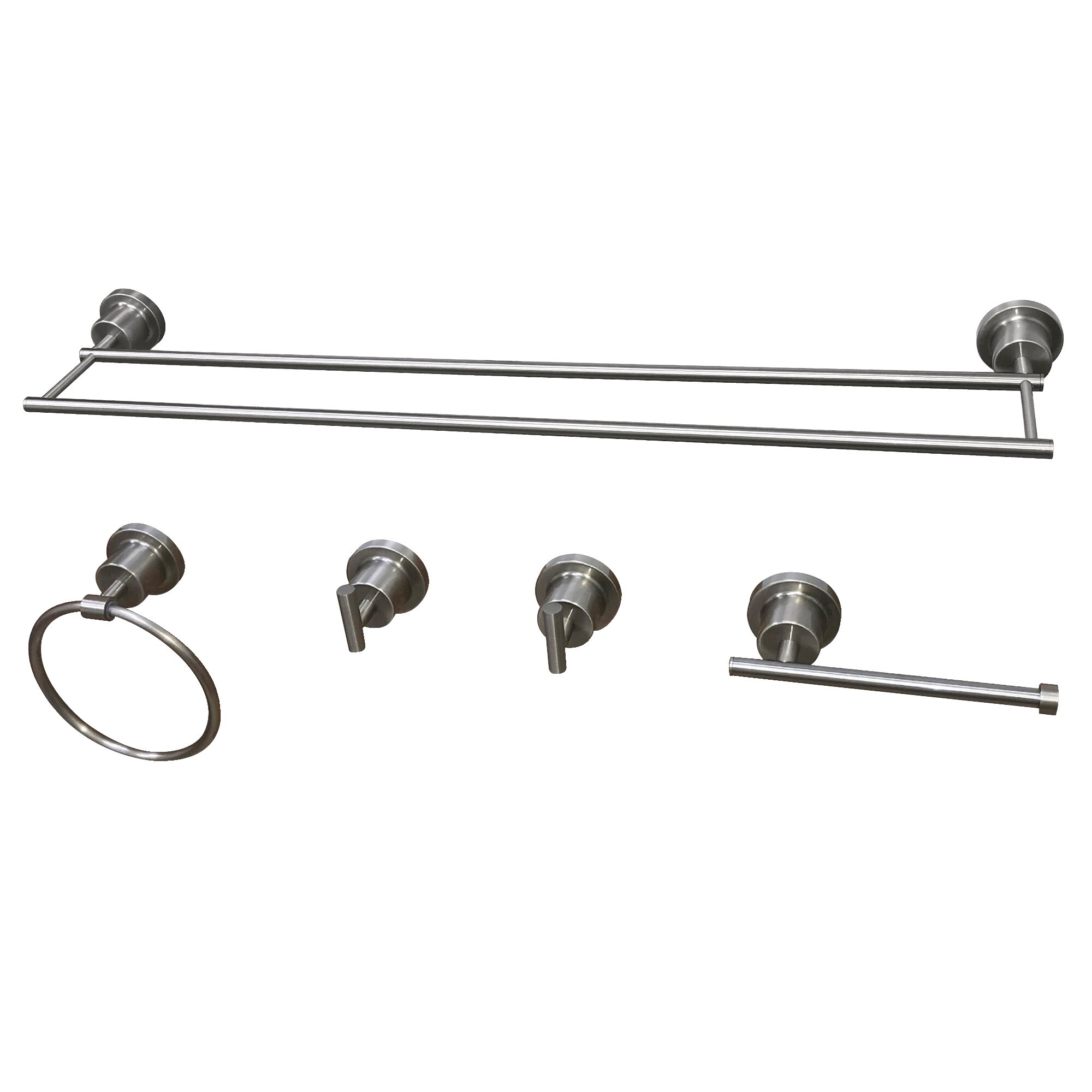 Juego de accesorios decorativos para baño en níquel cepillado de 5 piezas Kingston Brass Concord: Barra de toalla, portarrollos, argolla para toalla y gancho para batas incluidos