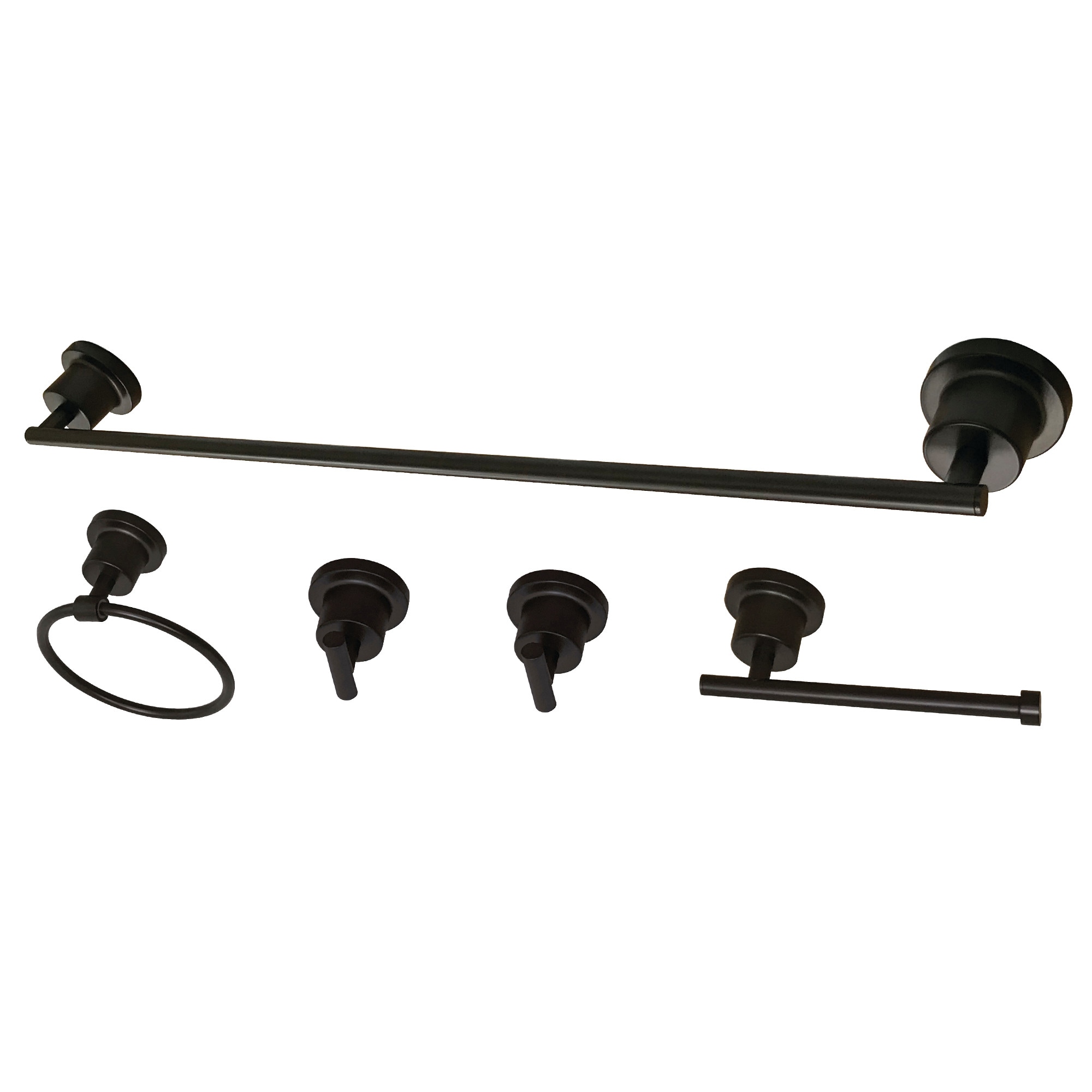 Juego de accesorios para baño decorativo de bronce frotado con aceite de 5 piezas Concord de Kingston Brass incluye barra de toalla, porta papel higiénico, argolla para toalla y gancho para bata.