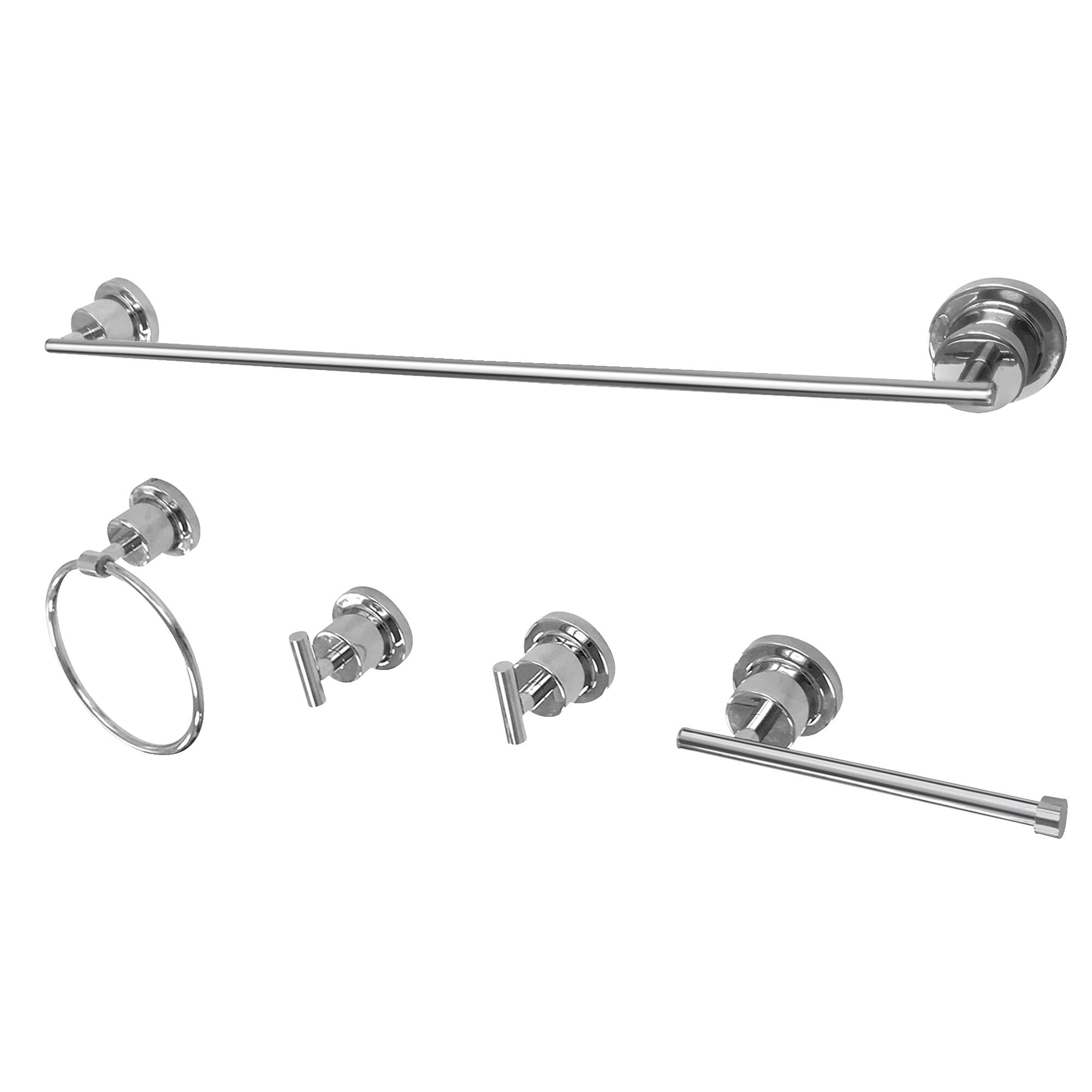 Set de accesorios de baño decorativos de cromo pulido de 5 piezas Concord de Kingston Brass - Incluye barra de toallas, porta papel higiénico, argolla para toallas y gancho para batas
