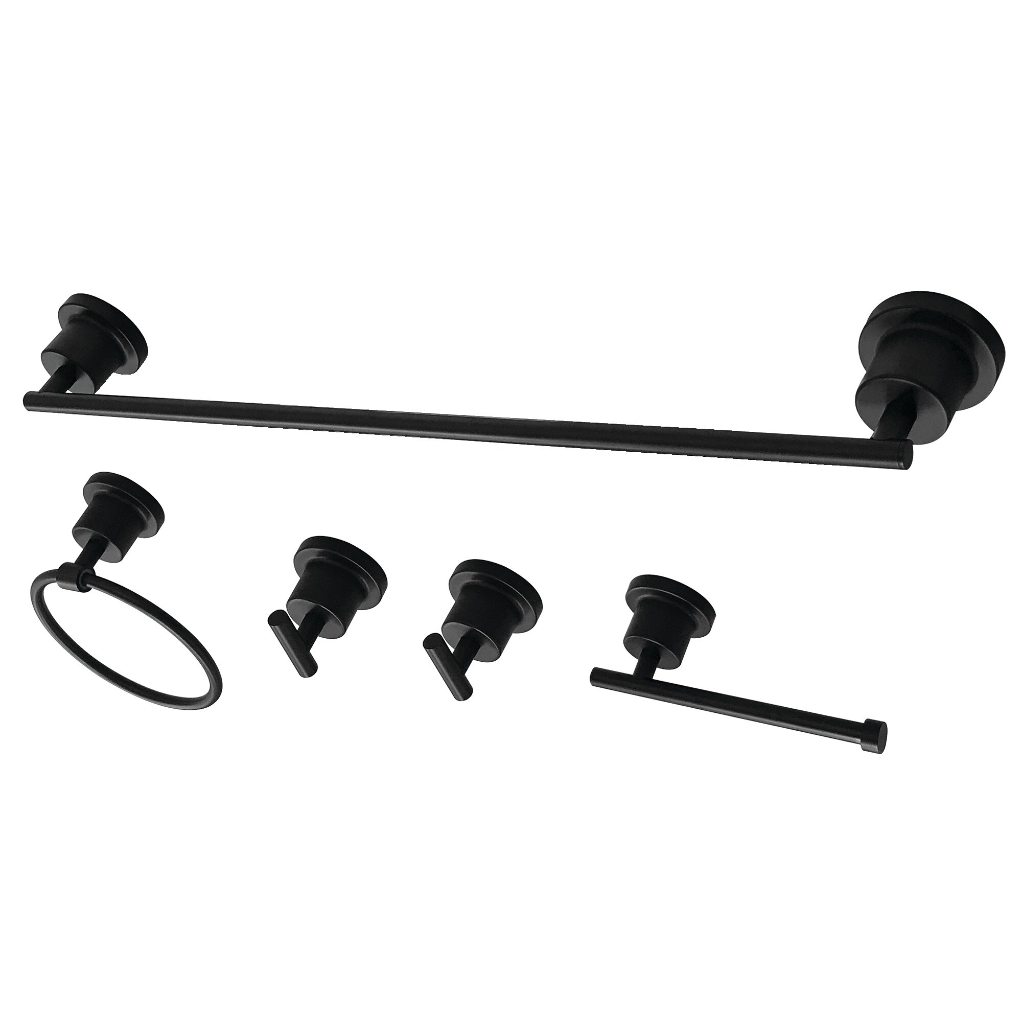 Juego de Accesorios de Baño Decorativos Kingston Brass de 5 Piezas en Negro Mate Estilo Concord - Incluye Barra de Toallas, Porta Papel Higiénico, Anillo de Toallas y Gancho para Batas