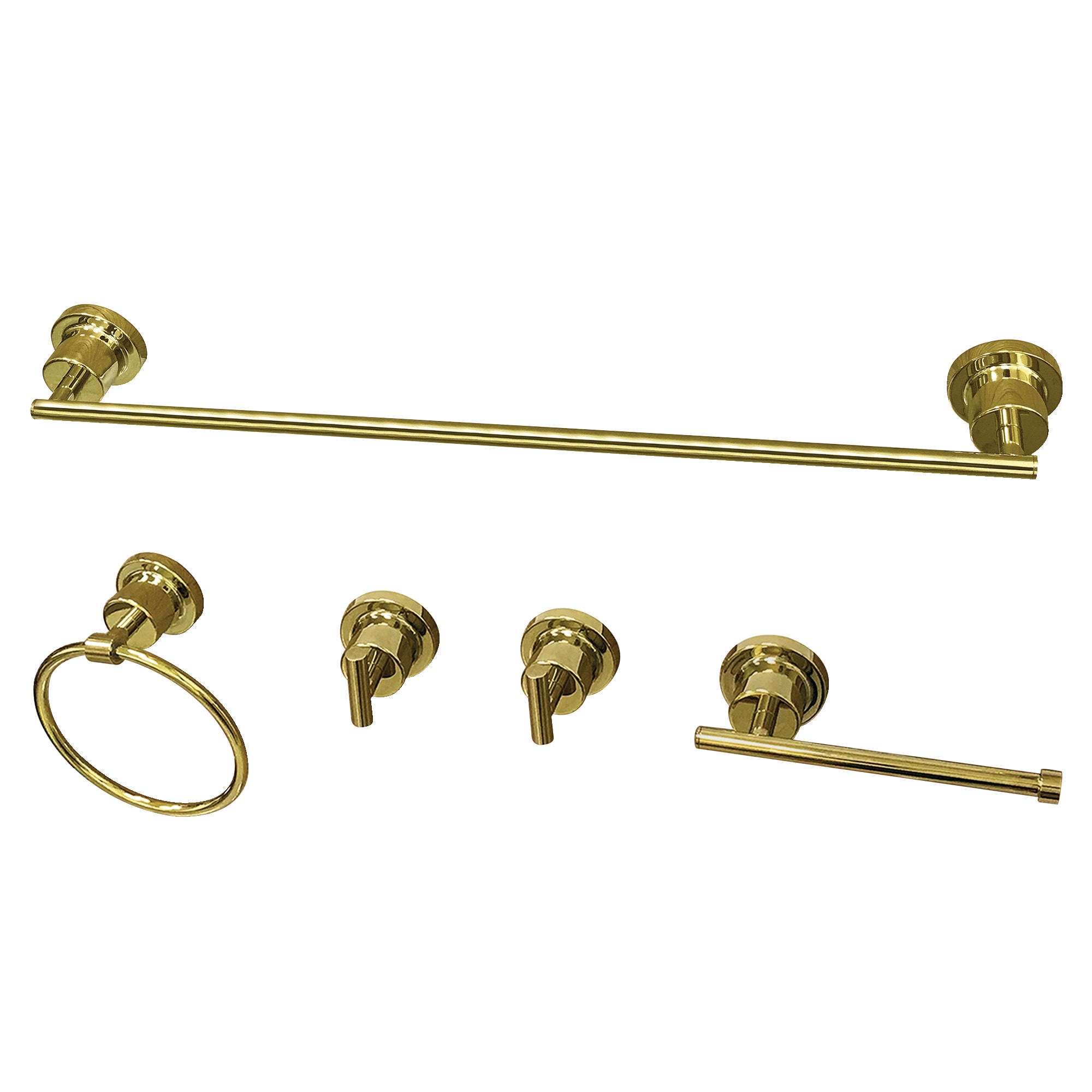 Juego de accesorios de baño decorativos de latón pulido Kingston Brass Concord de 5 piezas - Incluye barra de toalla, porta papel higiénico, anillo de toalla y gancho para batas