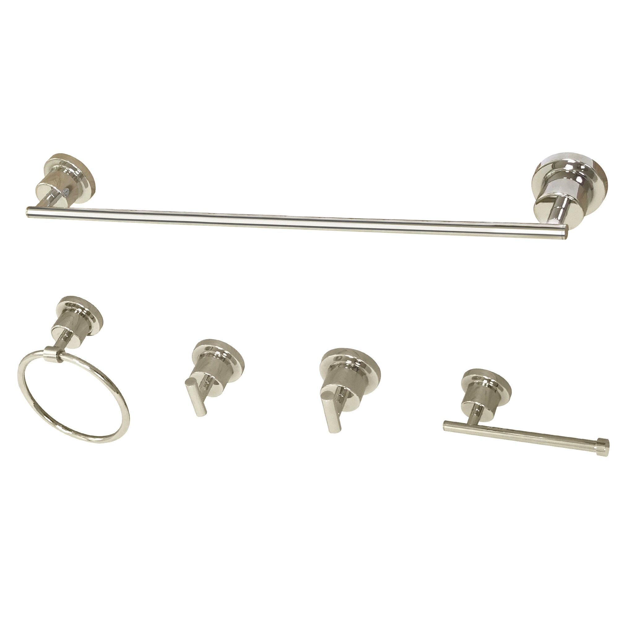 Juego de Accesorios de Baño Decorativos de Níquel Pulido Kingston Brass Concord de 5 Piezas - Barra de Toallas, Porta Papel de Baño, Argolla de Toallas, Percha para Batas Incluidos WLBAH82134478PN