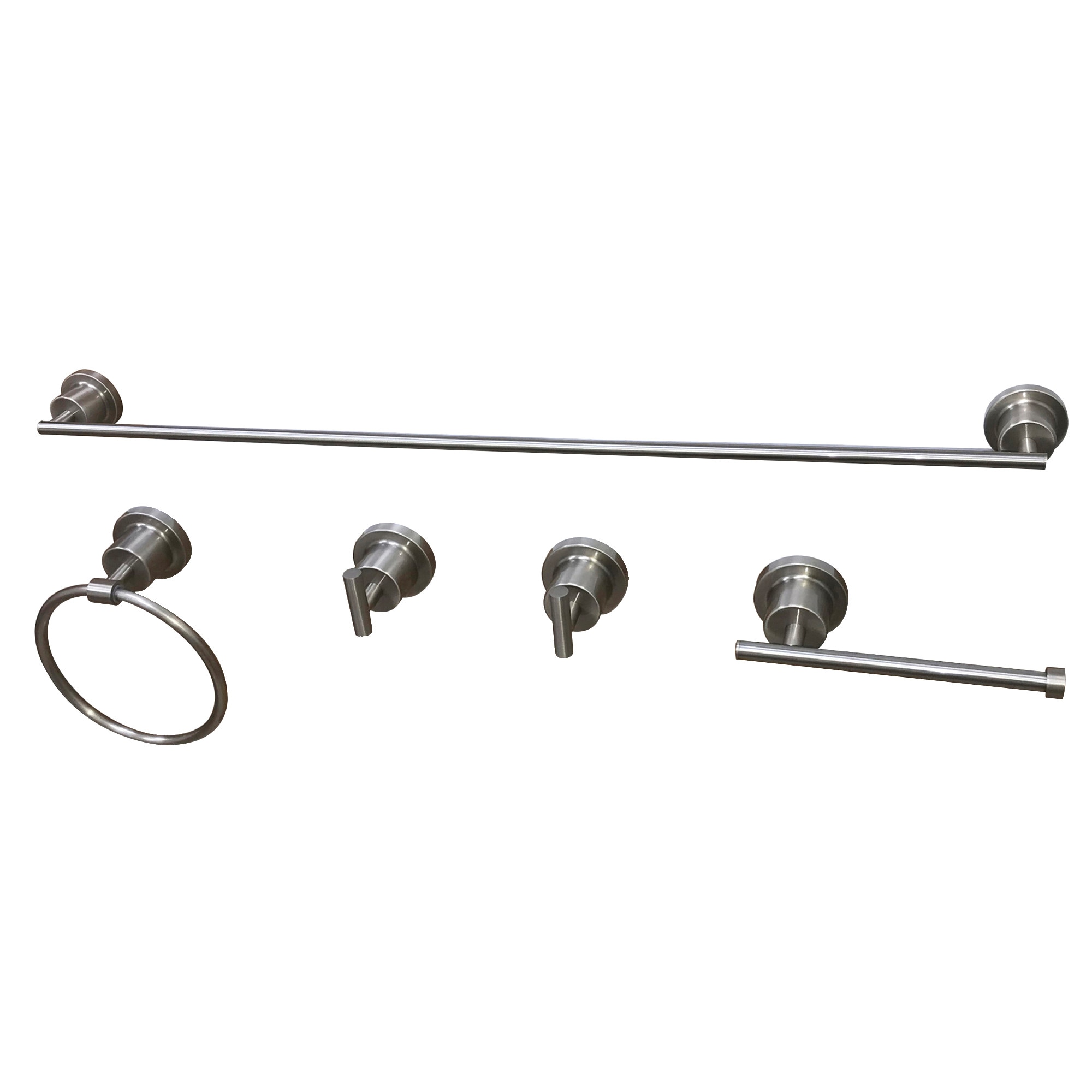 Juego de accesorios decorativos para baño de 5 piezas en níquel cepillado Kingston Brass Concord: barra de toalla, portarrollos, argolla de toalla, gancho para batas incluido.