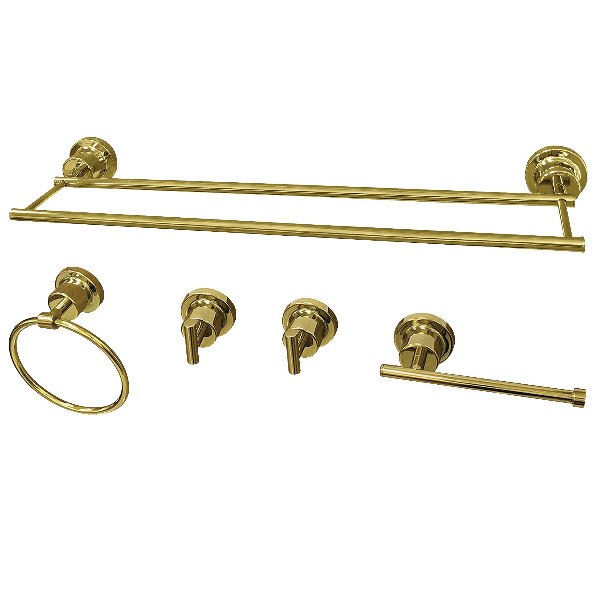 Juego de accesorios de baño decorativos Kingston Brass 5 piezas en latón pulido Concord: barra para toallas, porta papel higiénico, anillo para toallas y gancho para batas incluidos