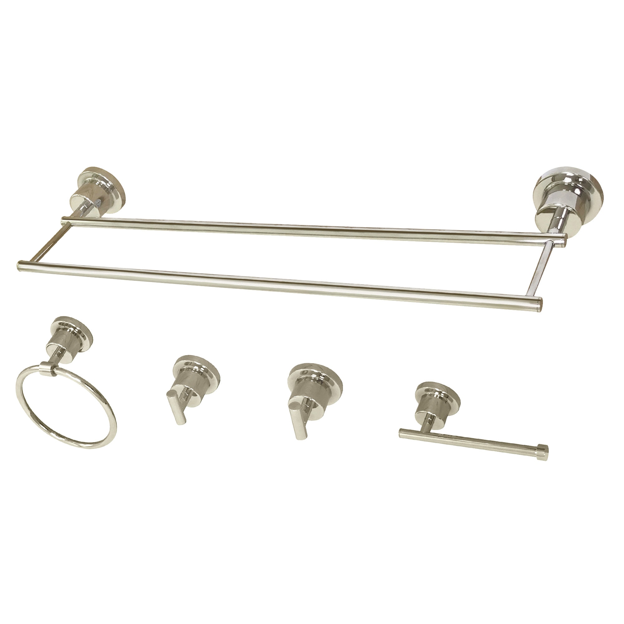 Juego de accesorios de baño decorativos de níquel pulido Kingston Brass 5 piezas Concord: Barra de toalla, porta papel higiénico, anillo de toalla y gancho para bata incluidos