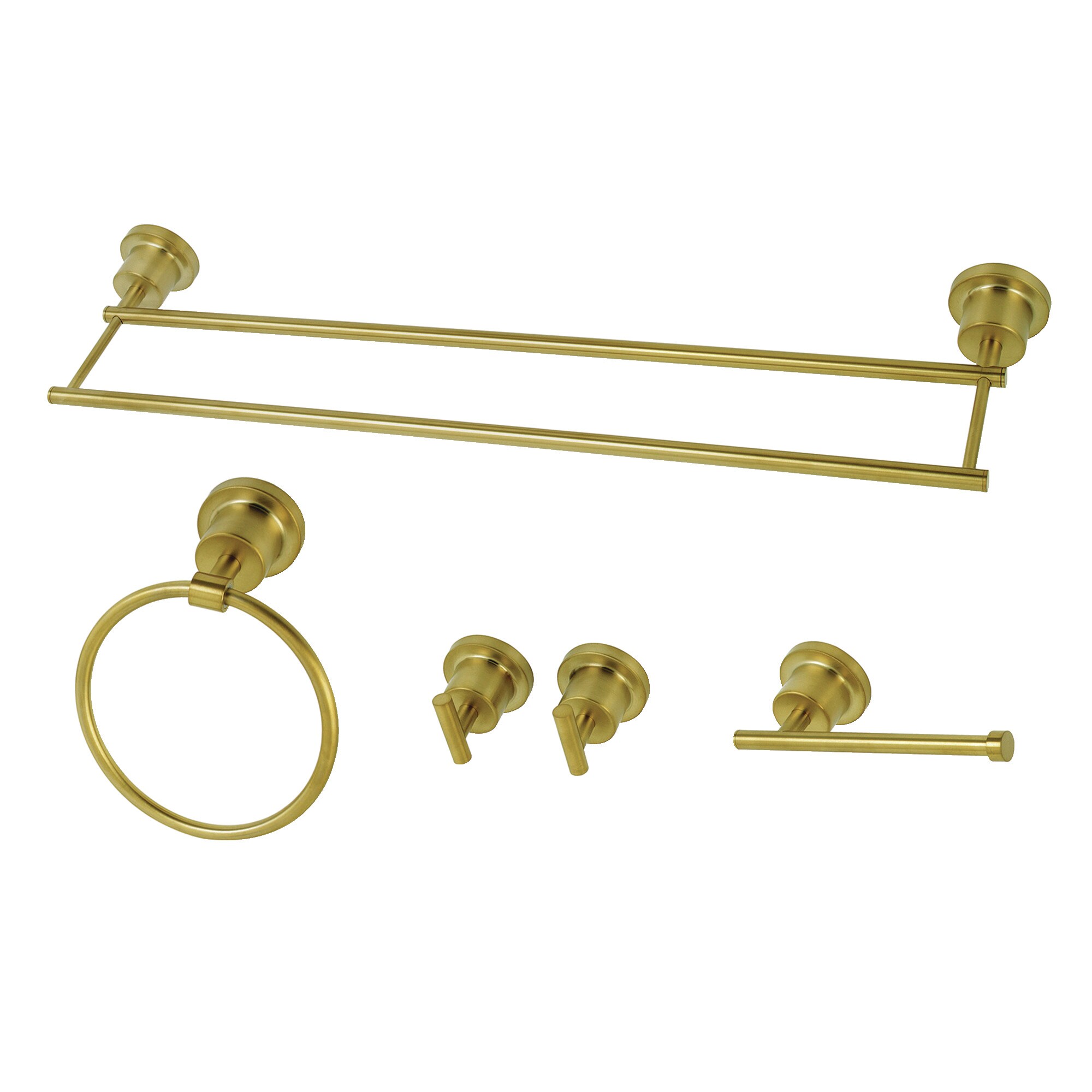 Juego de Accesorios de Baño Decorativos en Latón Cepillado de 5 Piezas Kingston Brass Concord: Barra de Toalla, Porta Papel, Argolla de Toalla, y Gancho para Bata incluidos