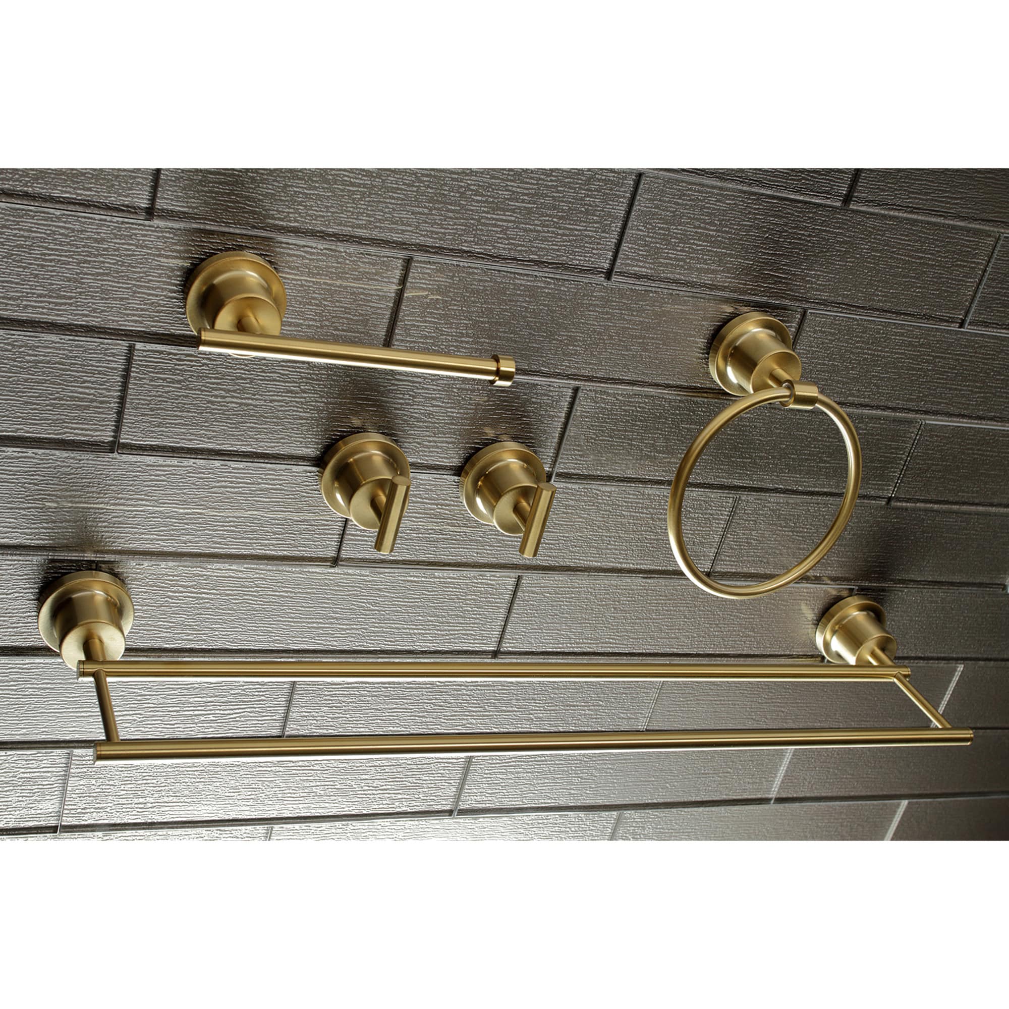 Juego de Accesorios de Baño Decorativos en Latón Cepillado de 5 Piezas Kingston Brass Concord: Barra de Toalla, Porta Papel, Argolla de Toalla, y Gancho para Bata incluidos