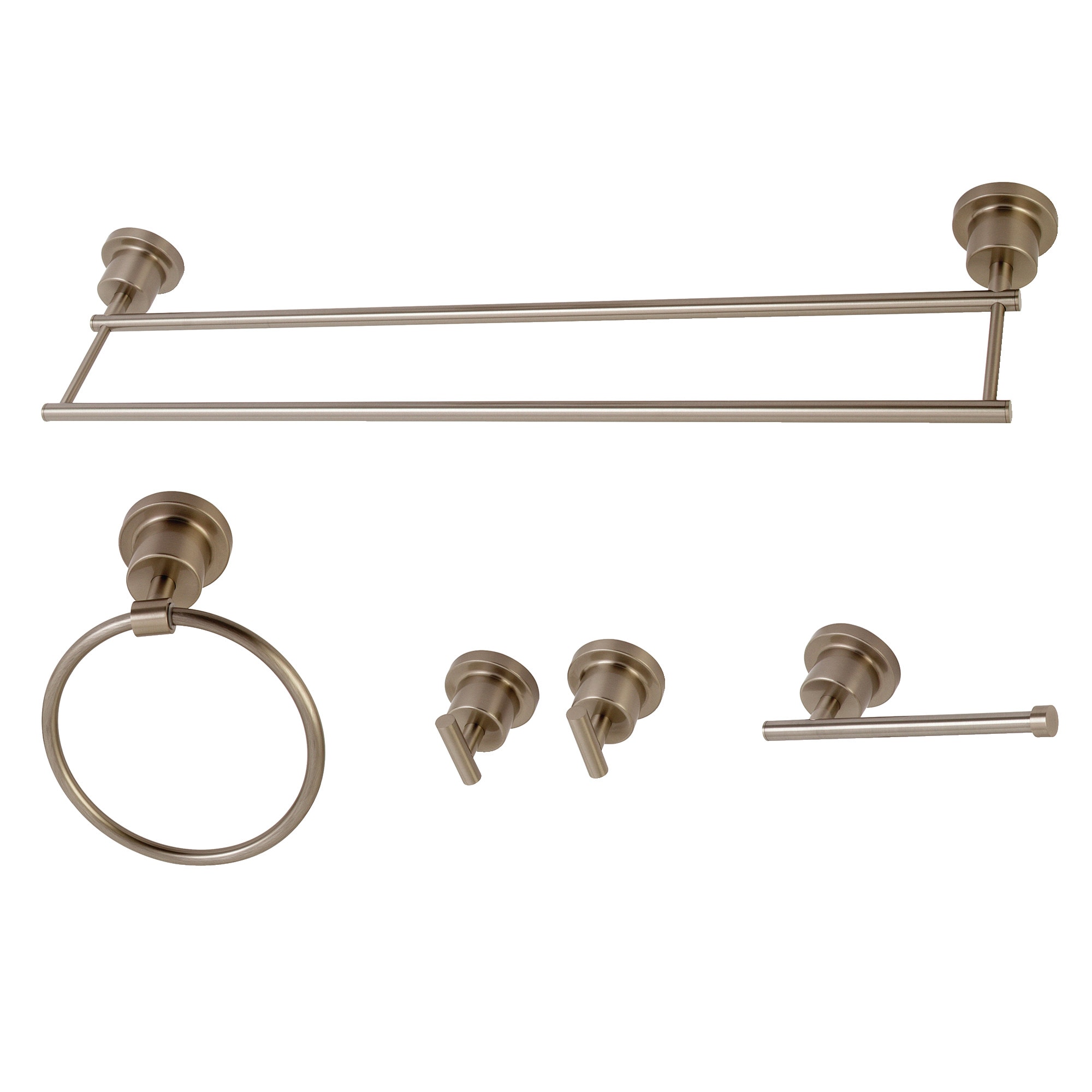 Juego de accesorios de baño decorativos de níquel cepillado de 5 piezas Kingston Brass Concord - Barra de toalla, portarrollos de papel higiénico, anillo de toalla, gancho para batas incluidos.