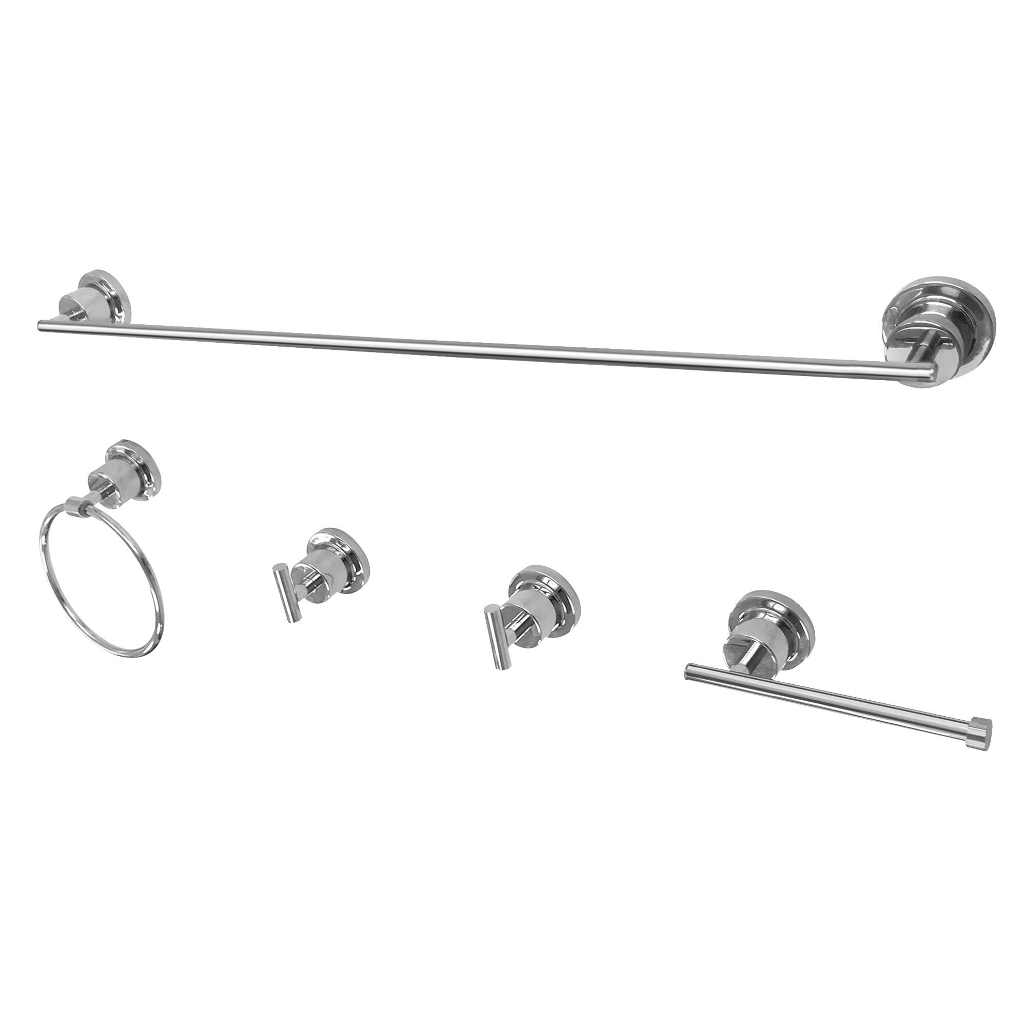 Juego de accesorios de baño decorativos Kingston Brass 5 piezas en cromo pulido Concord - Incluye barra de toalla, porta papel higiénico, anillo de toalla, gancho para batas