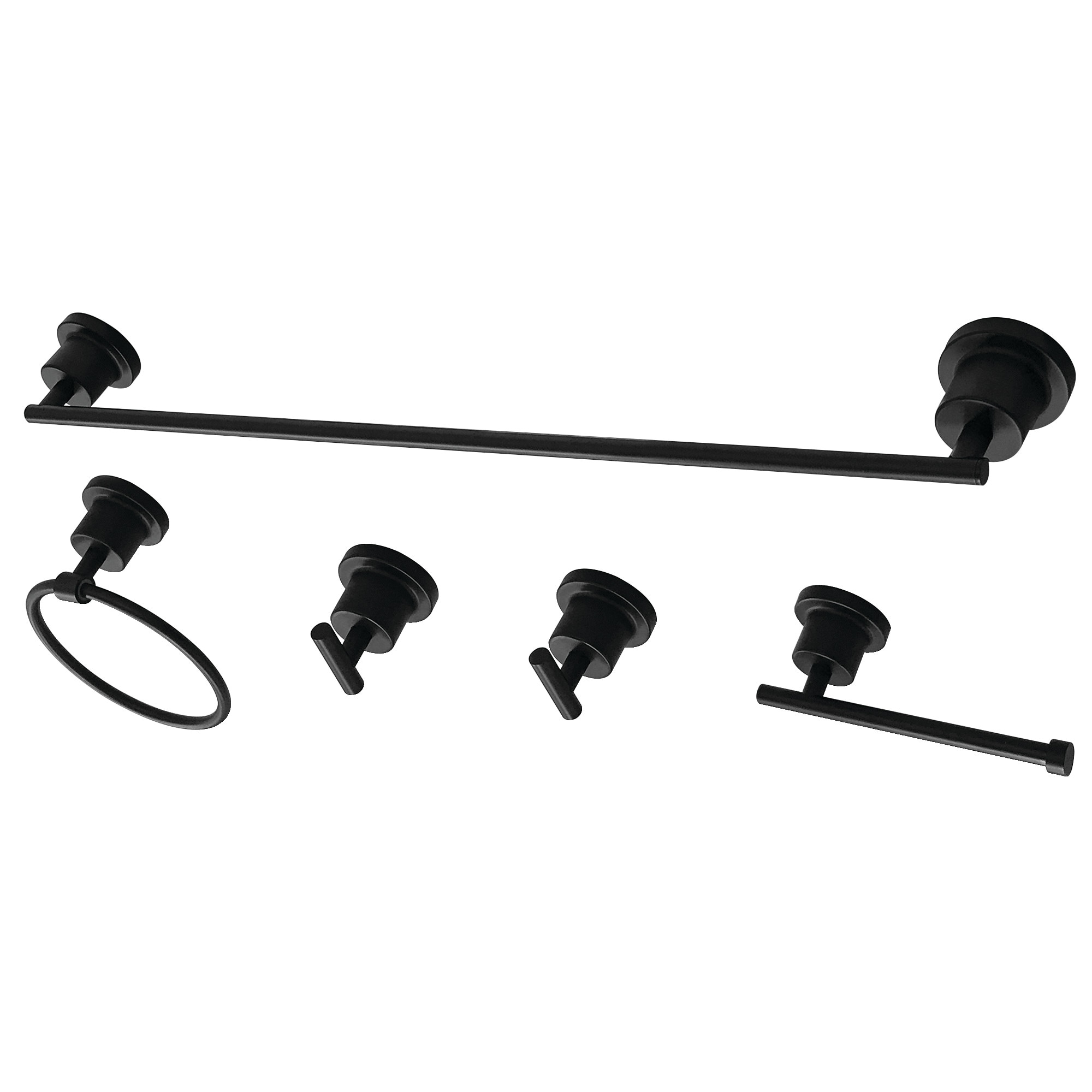 Juego de Accesorios de Baño Decorativos Kingston Brass Concord Matte Black de 5 Piezas - Barra de Toallas, Porta Papel Higiénico, Anillo de Toallero, Gancho para Batas incluidos