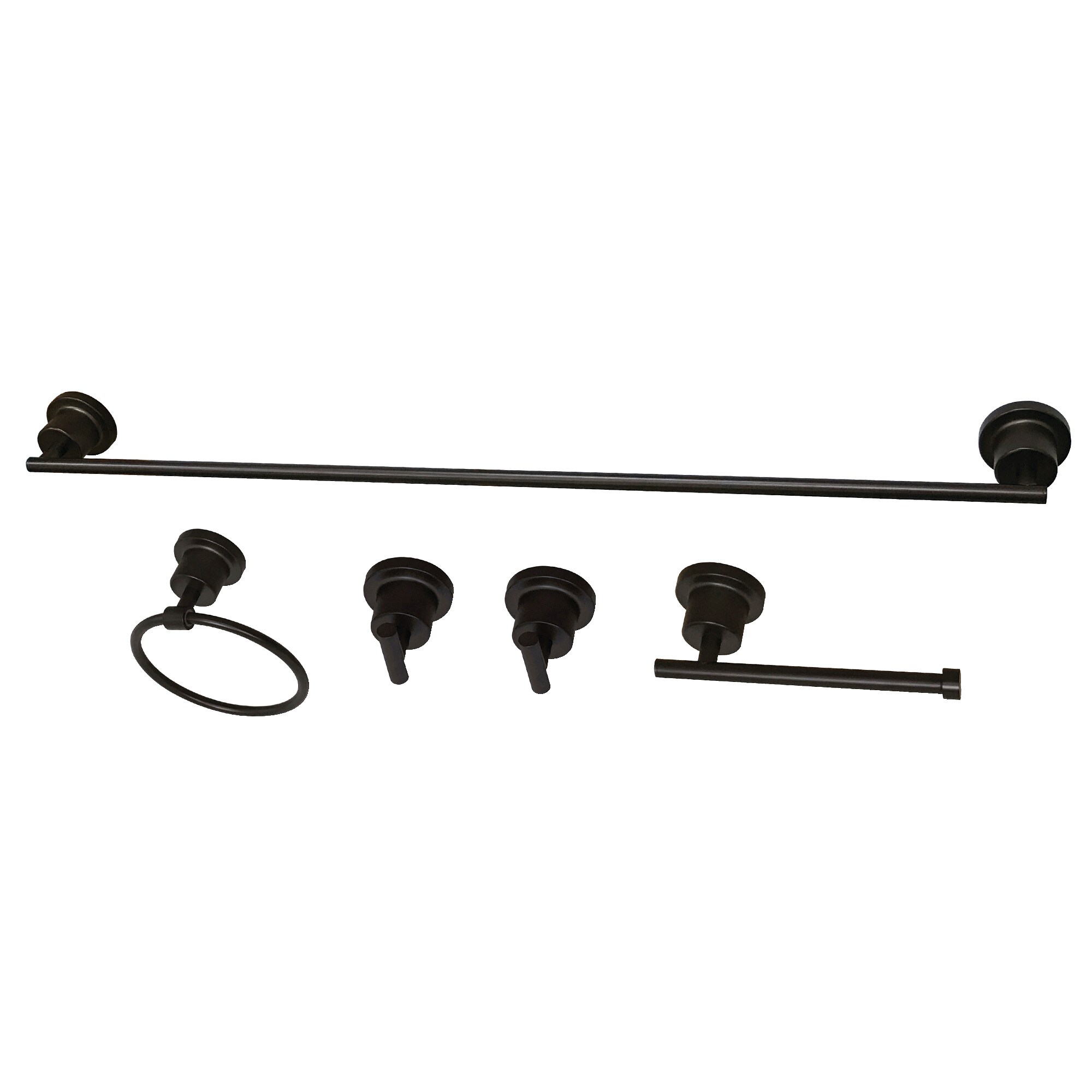 Juego de herrajes decorativos para baño en bronce aceitado de 5 piezas Kingston Brass Concord incluye barra toallera, porta papel higiénico, argolla para toalla y gancho para batas.