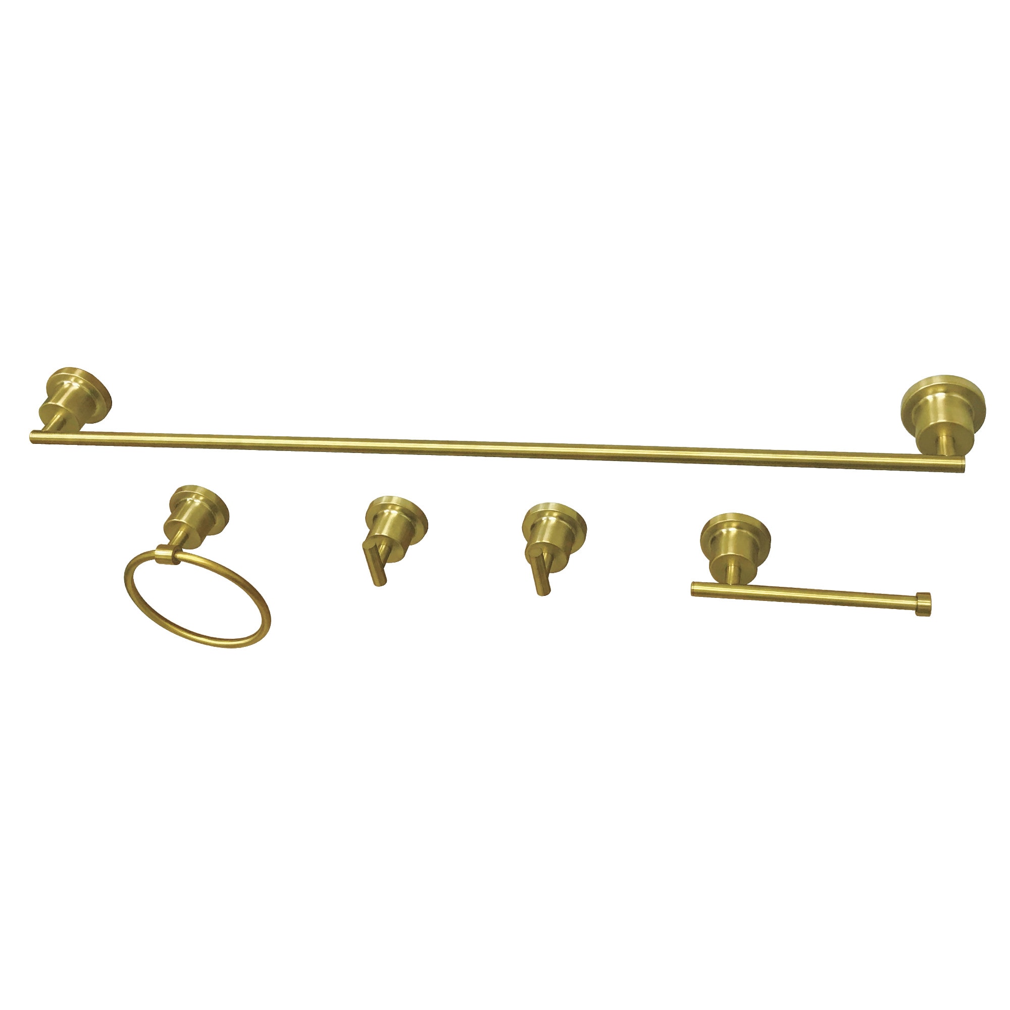 Juego de accesorios decorativos para baño de latón cepillado de 5 piezas estilo Concord de Kingston Brass. Incluye barra para toallas, porta papel higiénico, argolla para toallas y gancho para batas.