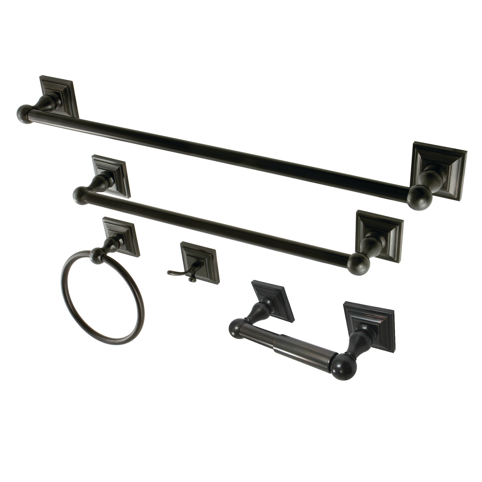 Set de Accesorios Decorativos para Baño en Bronce Aceitado Sereno de 5 Piezas de Kingston Brass: Barra de Toallas, Porta Papel, Argolla de Toalla y Gancho para Bata incluidos.