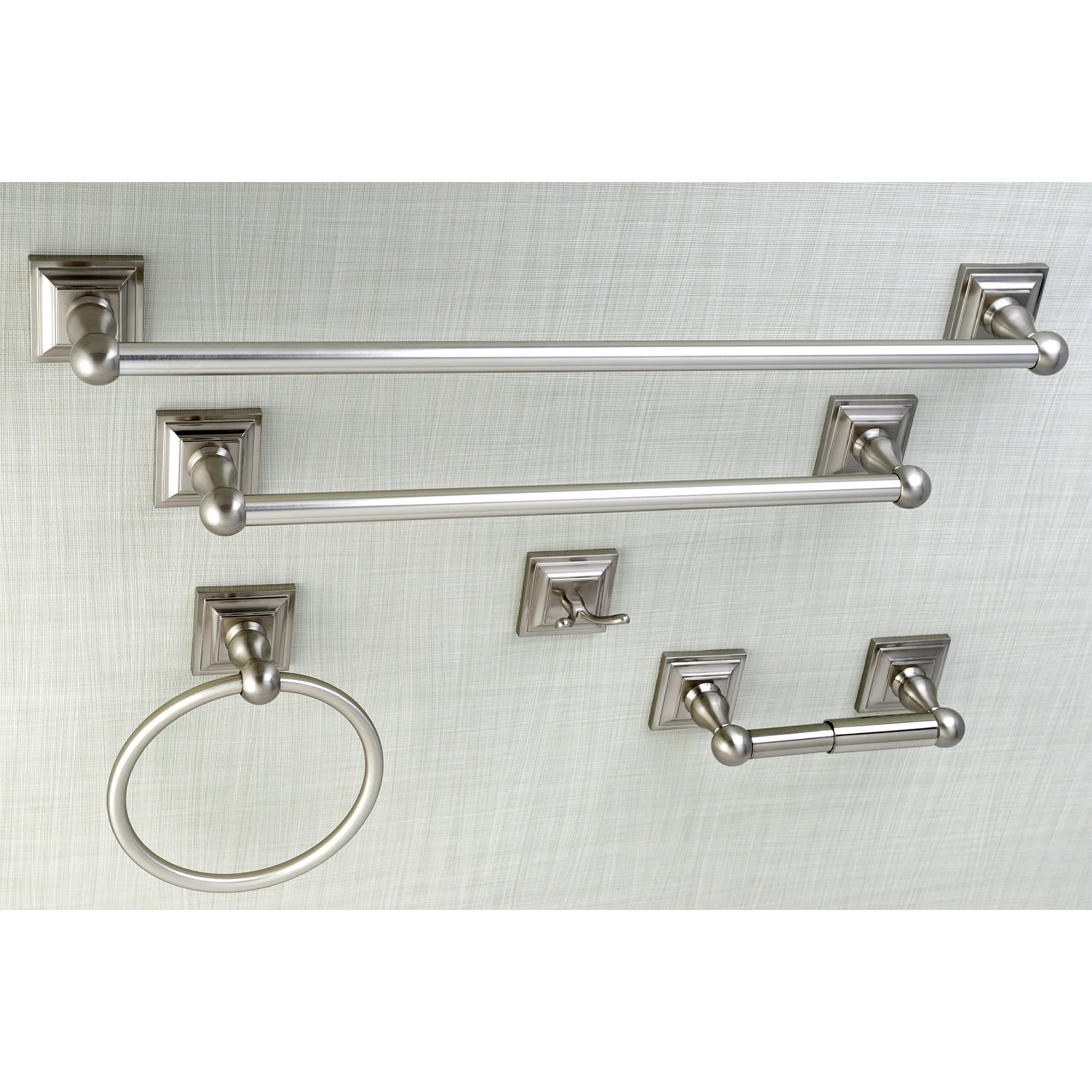 Juego de Accesorios Decorativos para Baño de 5 Piezas en Níquel Cepillado Serano de Kingston Brass - Incluye Toallero, Porta Papel, Argolla para Toallas y Colgador de Batas