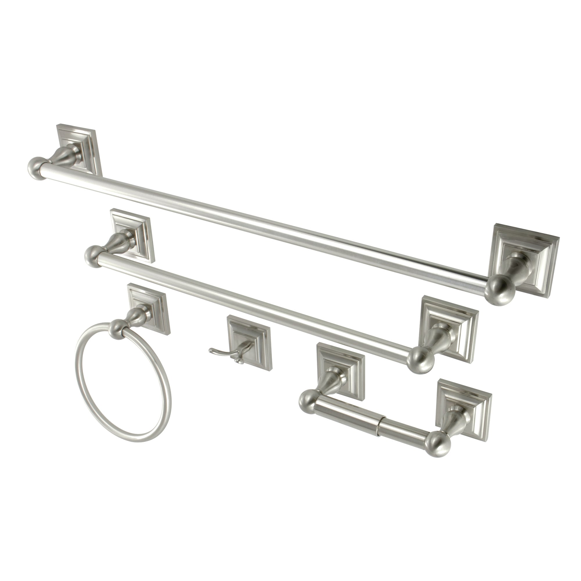 Juego de Accesorios Decorativos para Baño de 5 Piezas en Níquel Cepillado Serano de Kingston Brass - Incluye Toallero, Porta Papel, Argolla para Toallas y Colgador de Batas