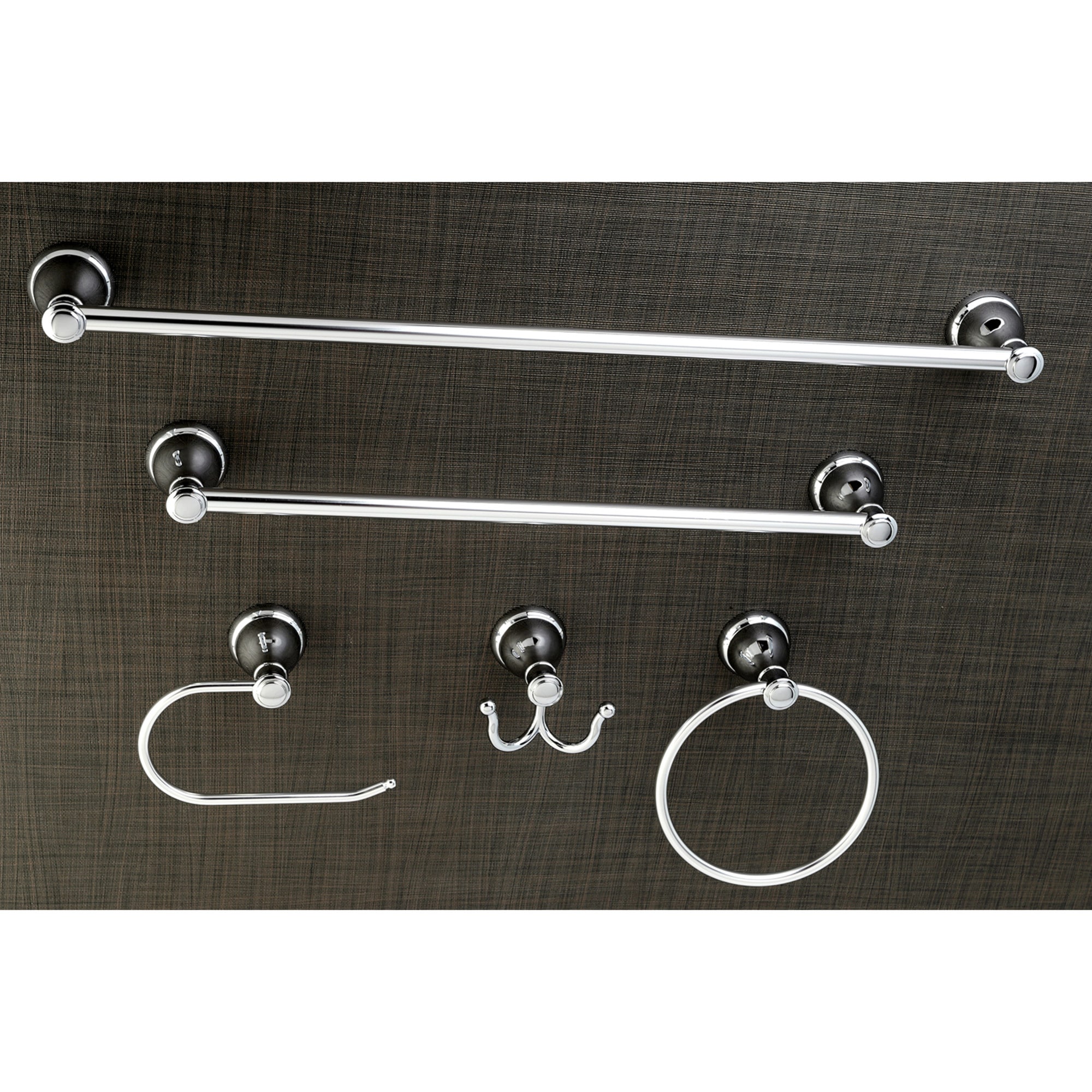 Juego de 5 piezas de accesorios para baño en cromo pulido "Mesa Verde" de Kingston Brass, que incluye barra de toallas, porta papel higiénico, gancho para batas y anillo de toallas.