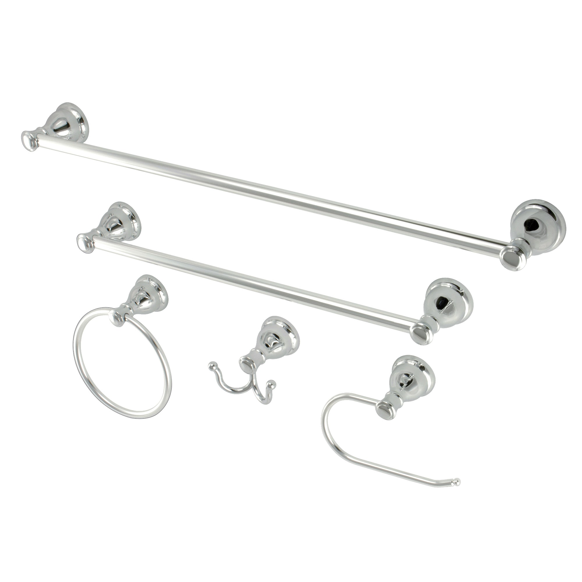 Juego de 5 piezas de accesorios para baño en cromo pulido "Mesa Verde" de Kingston Brass, que incluye barra de toallas, porta papel higiénico, gancho para batas y anillo de toallas.