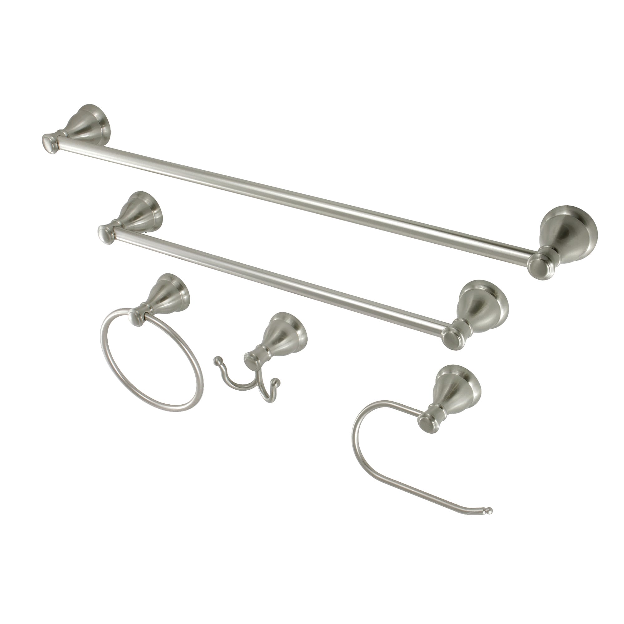 Juego de Accesorios de Baño Decorativos de Níquel Cepillado Kingston Brass 5 Piezas Mesa Verde - Barra de Toallas, Portarrollos de Papel, Anillo de Toalla, Gancho para Batas incluidos.