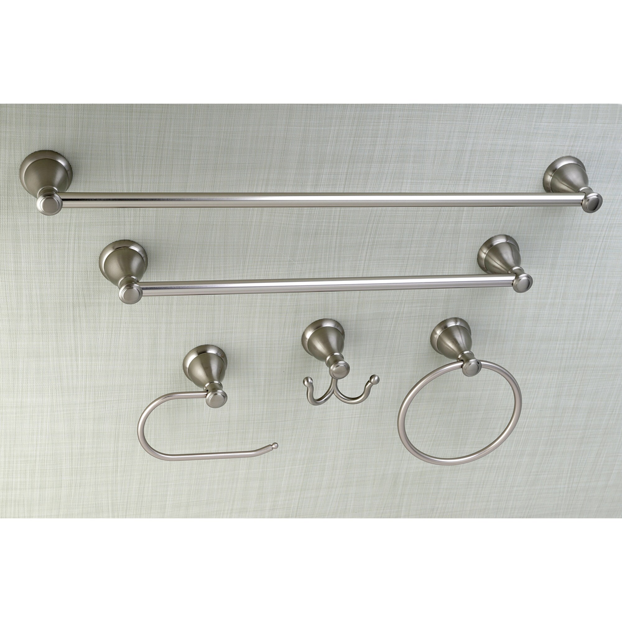 Juego de Accesorios de Baño Decorativos de Níquel Cepillado Kingston Brass 5 Piezas Mesa Verde - Barra de Toallas, Portarrollos de Papel, Anillo de Toalla, Gancho para Batas incluidos.